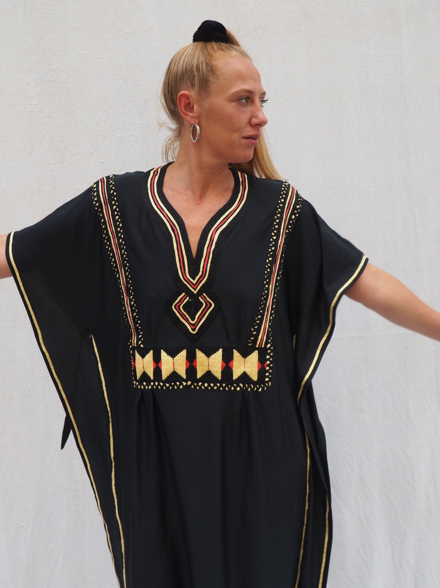 Vintage Black Polyester Kaftan with Gold Detail