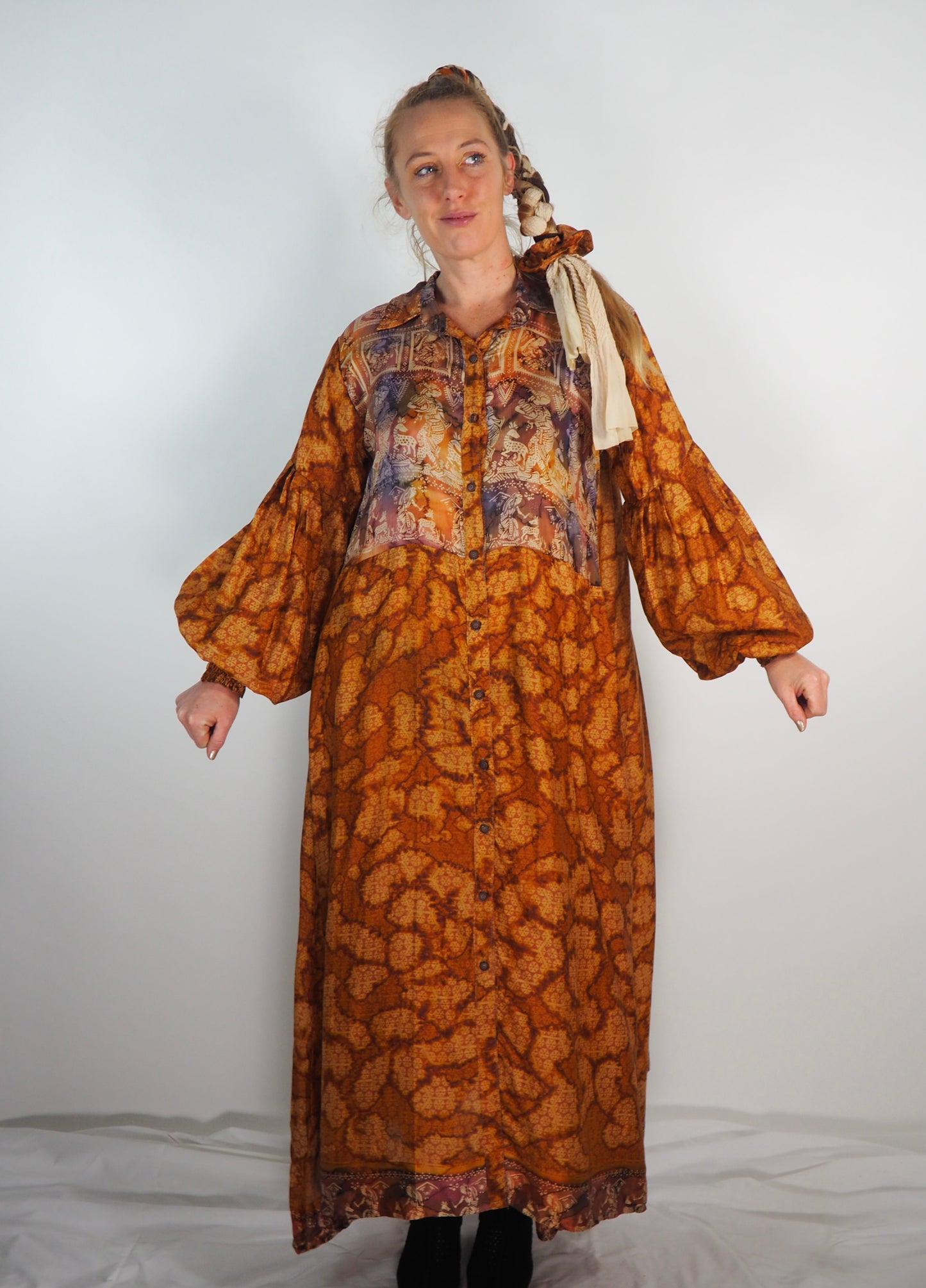 The Lenya Up-cycled Vintage Sari Dress – Sustainable Boho Dress with Oversized Sleeves Matching Scrunchy & Storage Bag