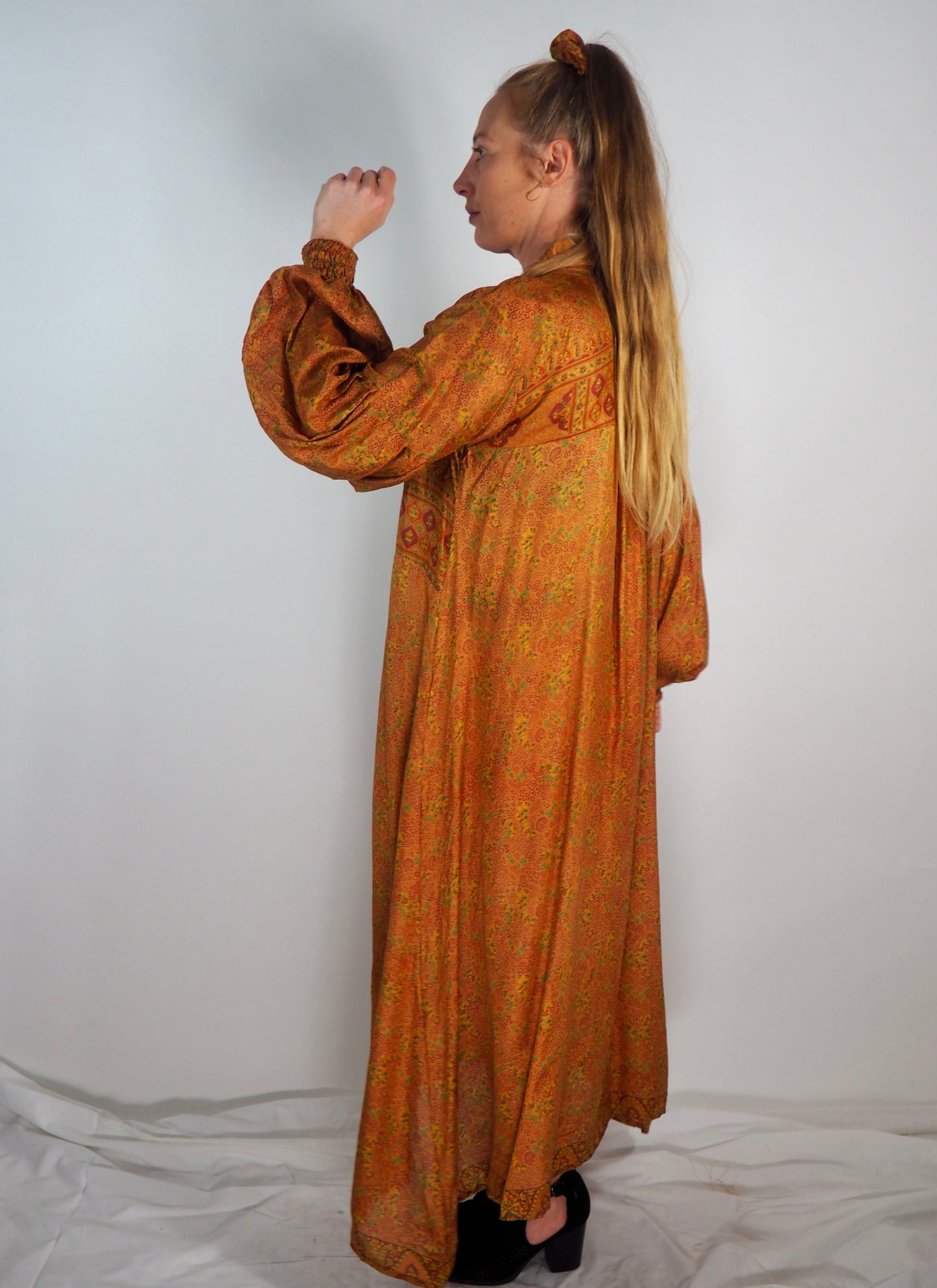 The Lenya Up-cycled Vintage Sari Dress – Sustainable Boho Dress with Oversized Sleeves Matching Scrunchy & Storage Bag