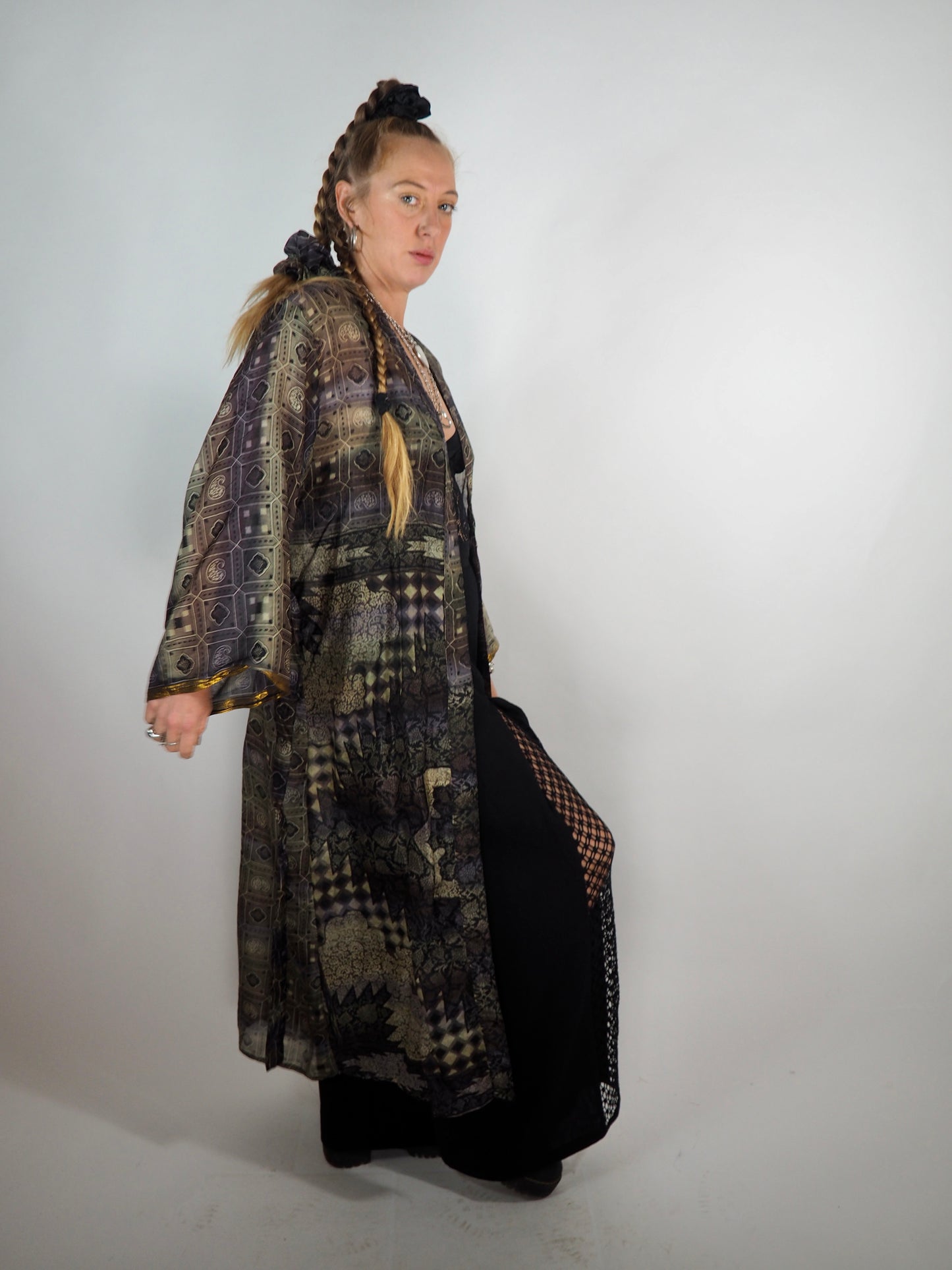 The Kardash Long Kimono – Up-cycled Vintage Sari long Kimono Robe with Waist Tie + Matching Scrunchy & Storage Bag