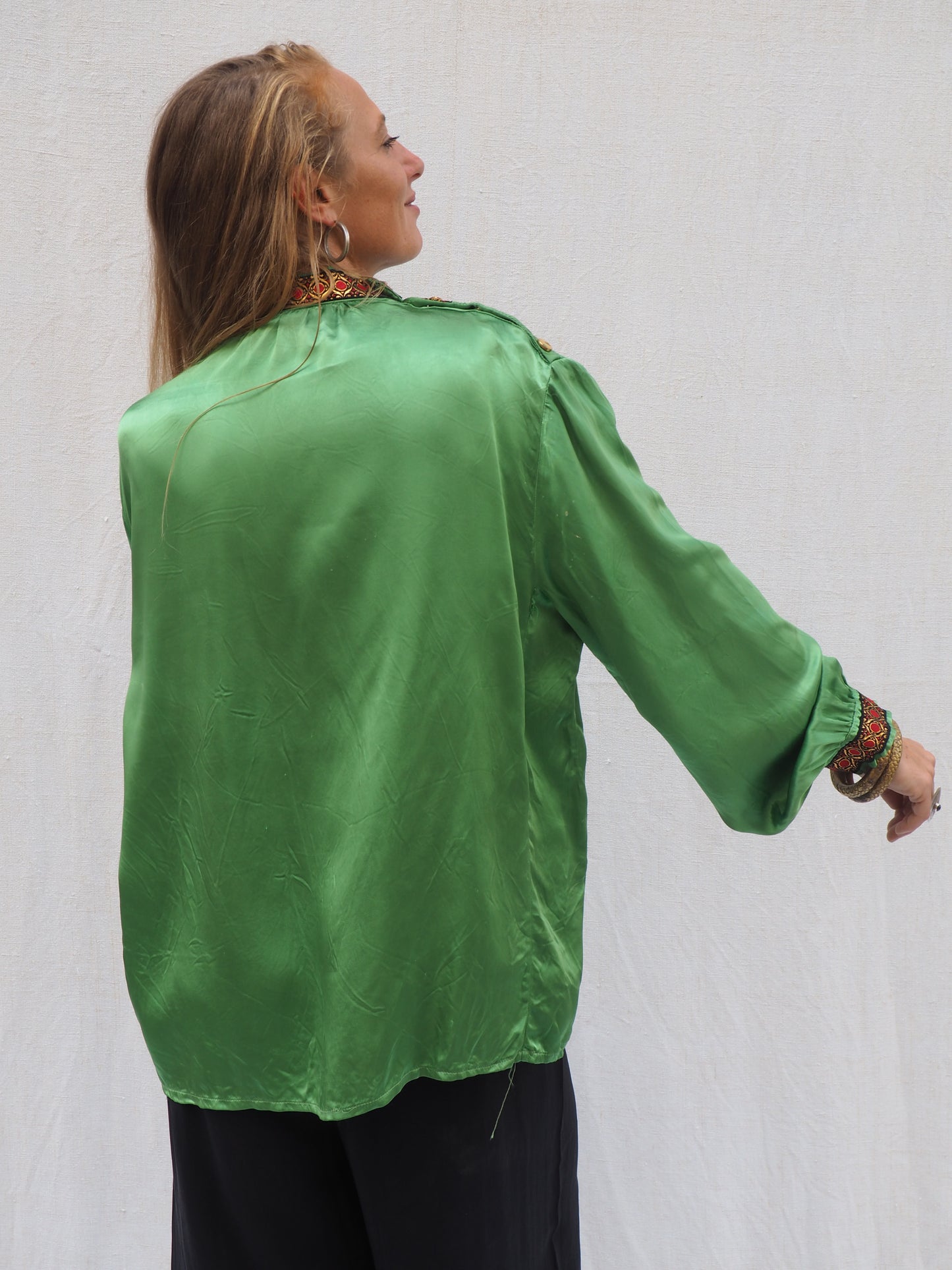 Vintage 1970s Green Satin Jacket with Embellished Trim