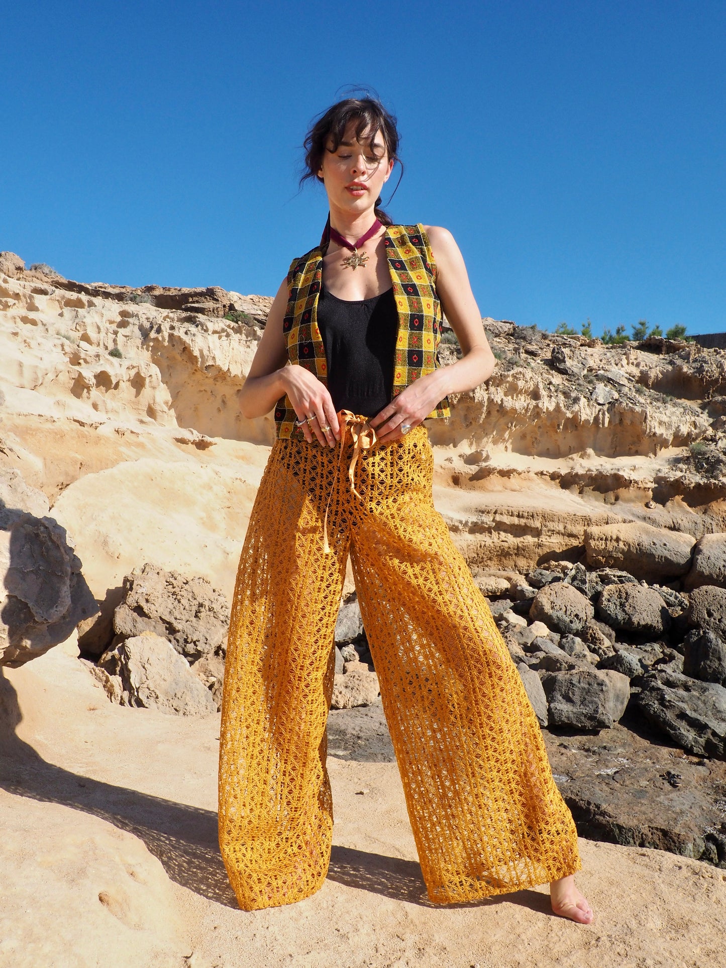 Up-cycled Mustard Yellow Wide-Leg Pants made from machine crochet textiles by Vagabond Ibiza