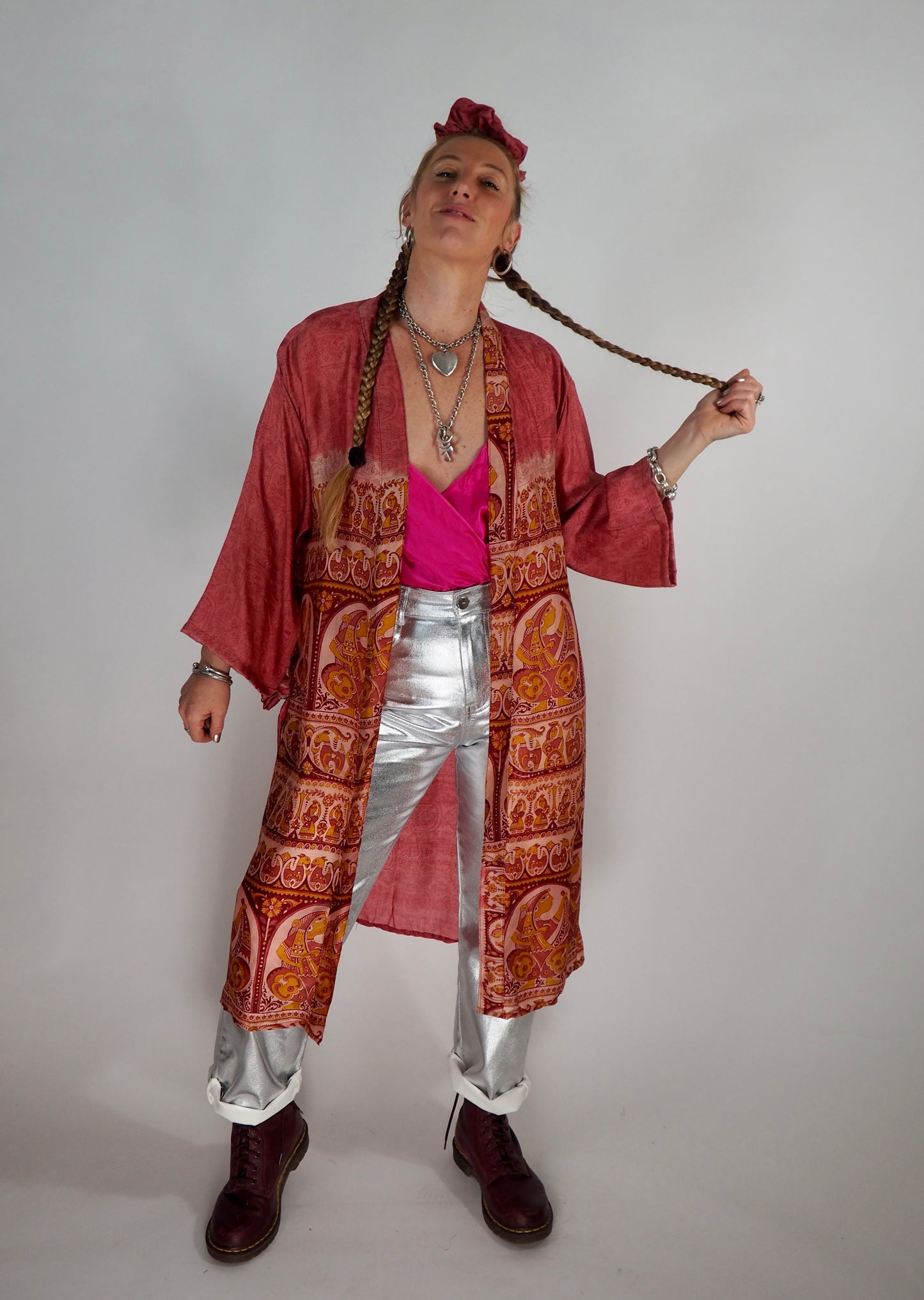 The Kardash Medium-Length Kimono – Up-cycled Vintage Sari Kimono Jacket with Waist Tie + Matching Scrunchy & Storage Bag