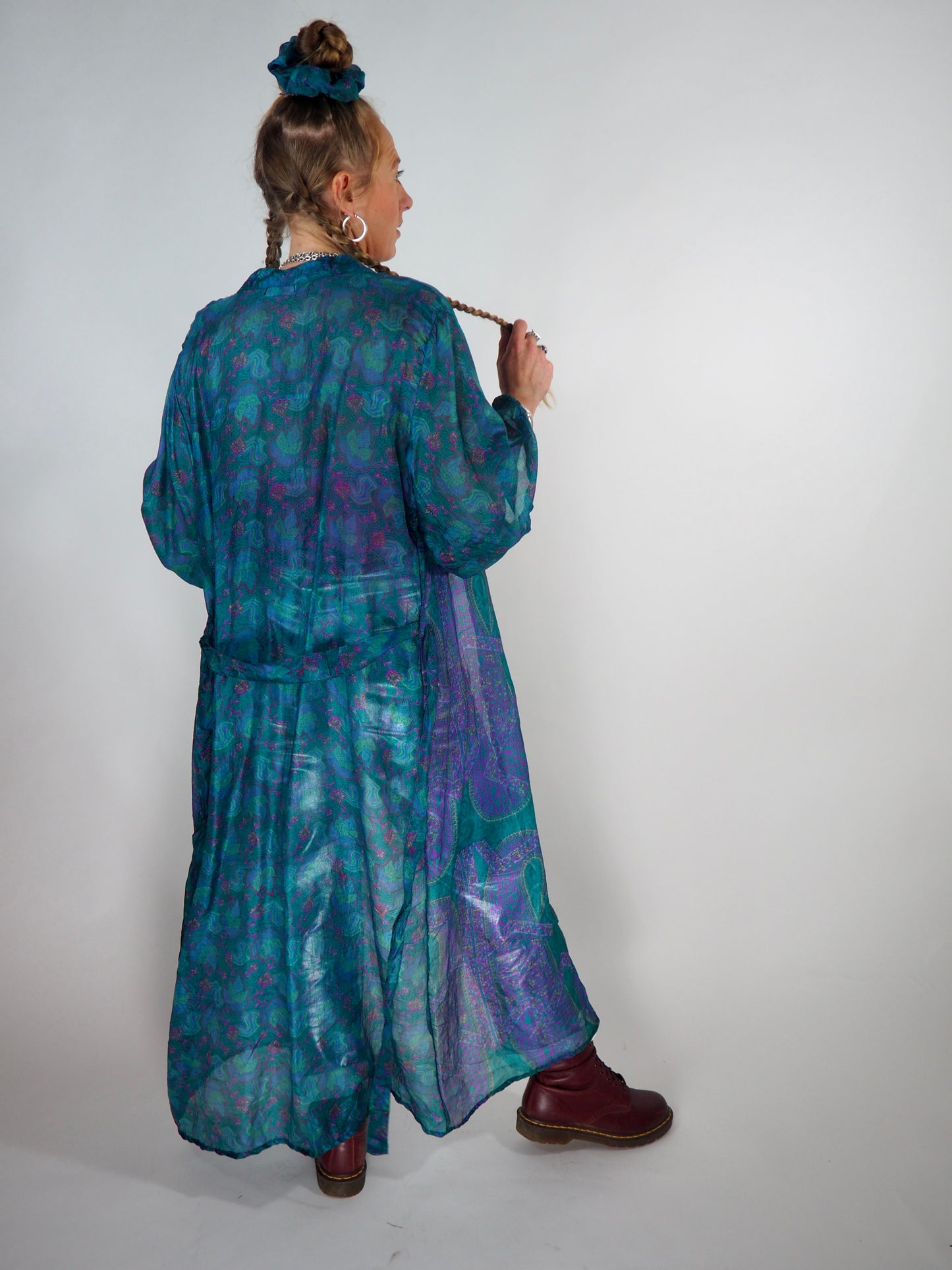 The Kardash Long Kimono – Up-cycled Vintage Sari long Kimono Robe with Waist Tie + Matching Scrunchy & Storage Bag