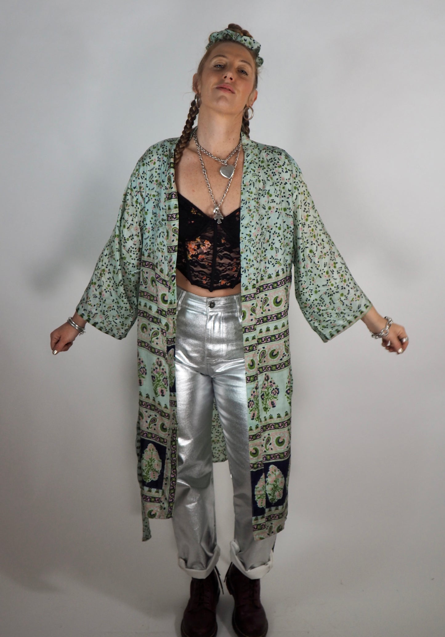 The Kardash Medium-Length Kimono – Up-cycled Vintage Sari Sustainable Kimono Jacket with Waist Tie + Matching Scrunchy & Storage Bag