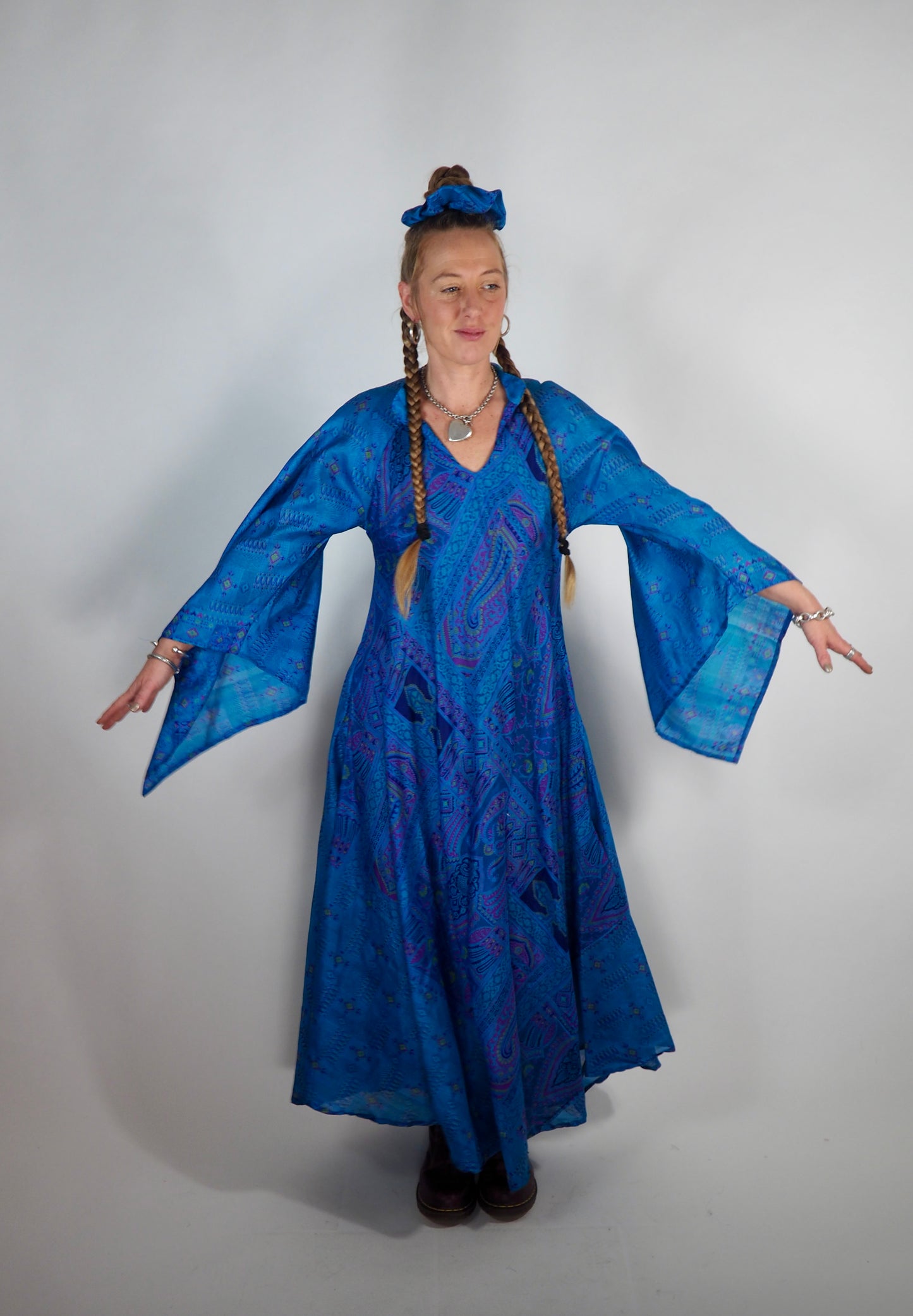 The Diamond Bias-Cut Maxi Dress – Up-cycled Vintage Sari Sustainable Dress with angel Sleeves + Matching Scrunchy & Bag