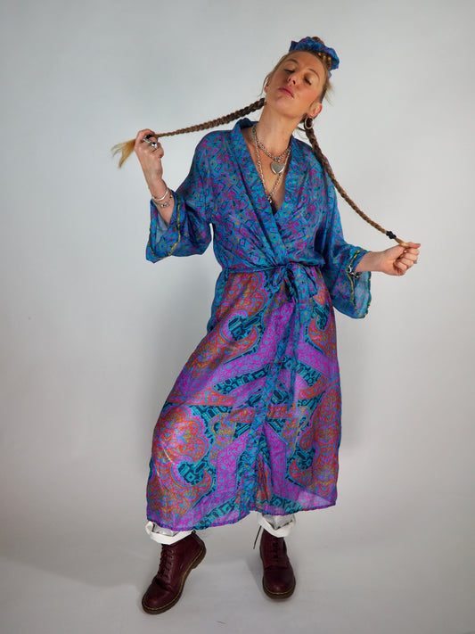 The Kardash Long Kimono – Up-cycled Vintage Sari long Kimono Robe with Waist Tie + Matching Scrunchy & Storage Bag