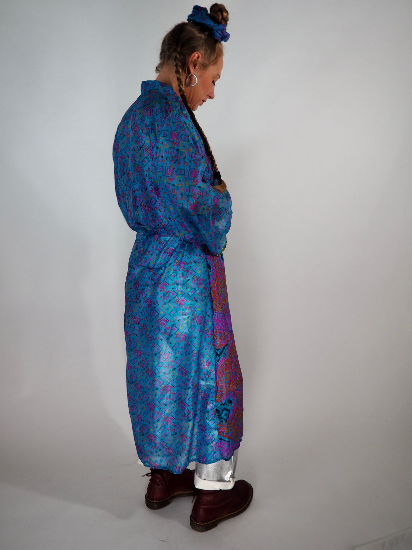 The Kardash Long Kimono – Up-cycled Vintage Sari long Kimono Robe with Waist Tie + Matching Scrunchy & Storage Bag