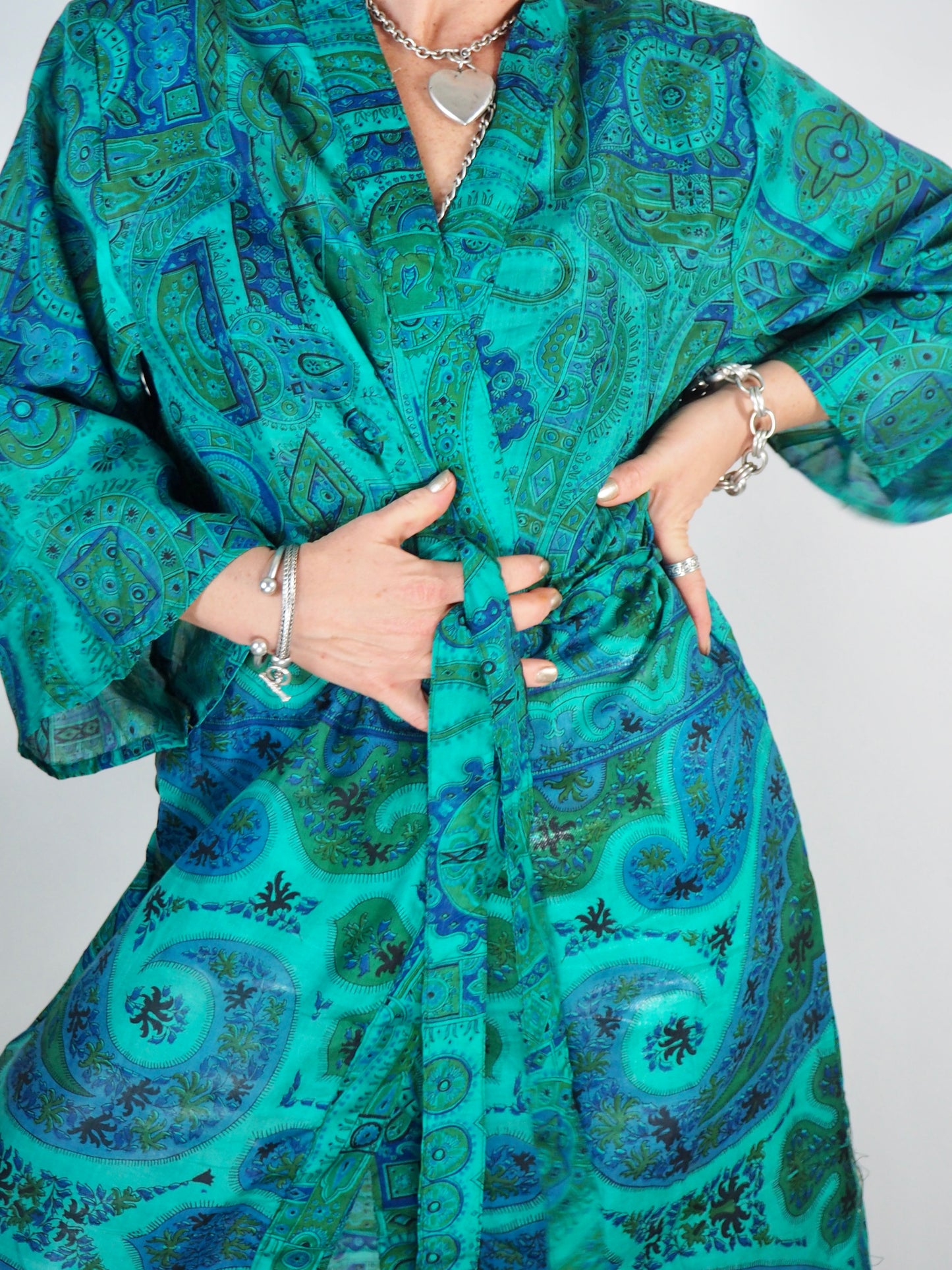 The Kardash Long Kimono – Up-cycled Vintage Sari long Kimono Robe with Waist Tie + Matching Scrunchy & Storage Bag