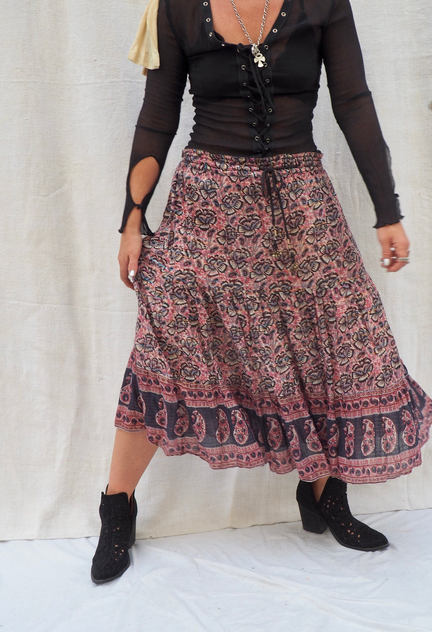 Vintage 1970s Indian Block Printed Cotton Gauze Skirt – Super Fine Cotton, Adjustable Free Size with Drawstring Bells