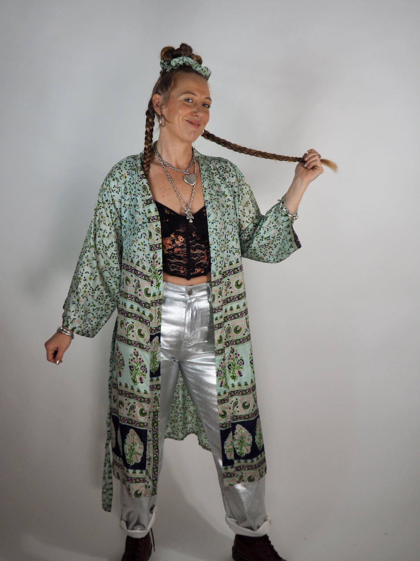 The Kardash Medium-Length Kimono – Up-cycled Vintage Sari Sustainable Kimono Jacket with Waist Tie + Matching Scrunchy & Storage Bag