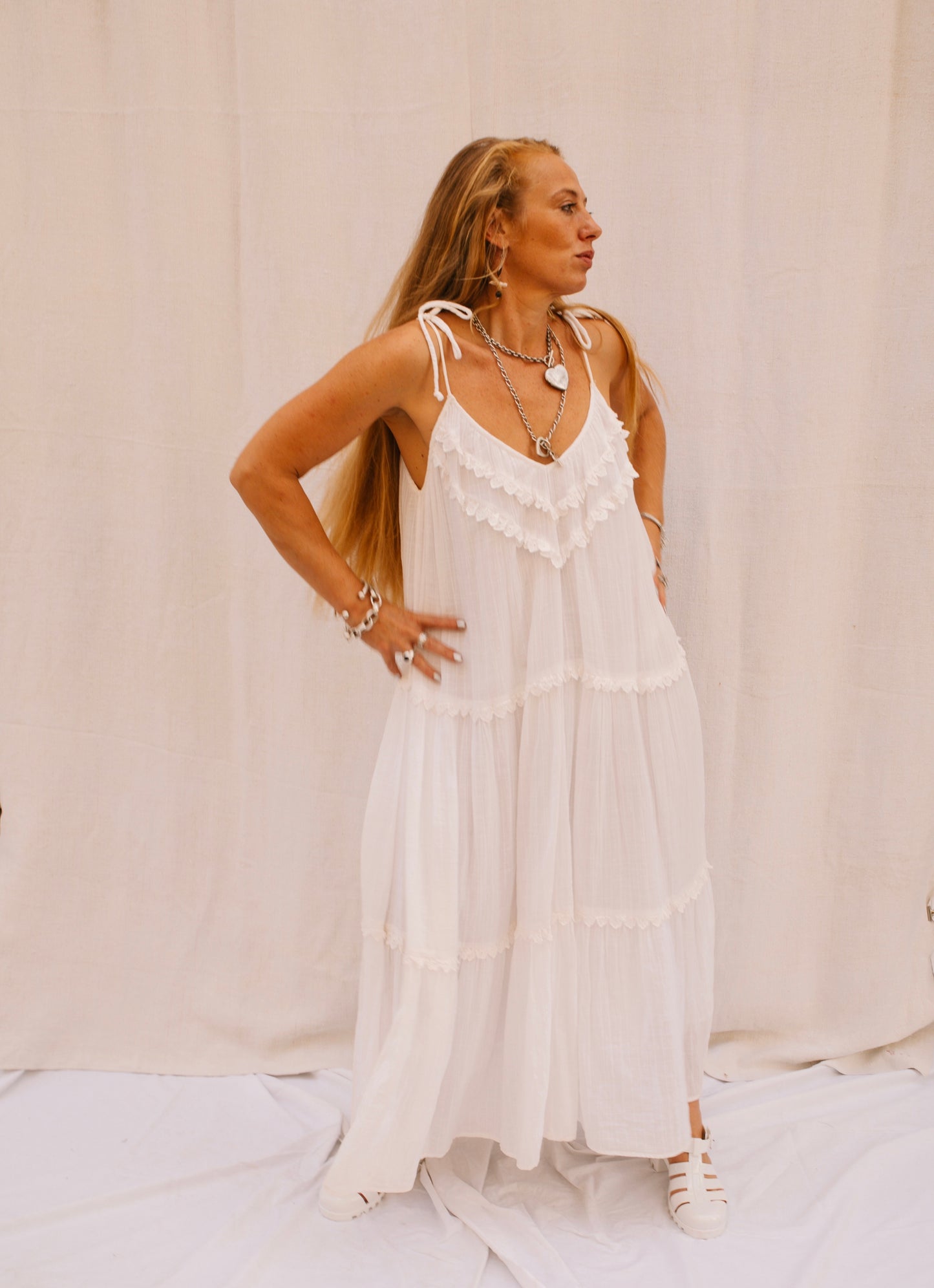 Vintage White Maxi Dress with Ruffle Detail – Made by Vagabond Ibiza