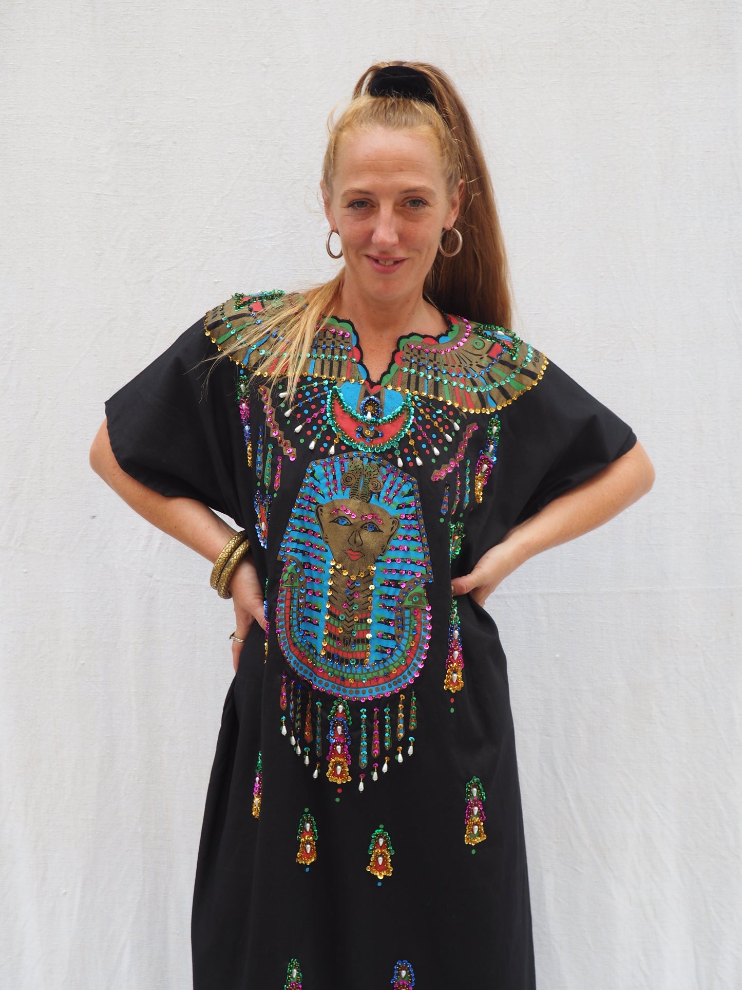 Vintage Black Kaftan with printed bead and Gold Detail