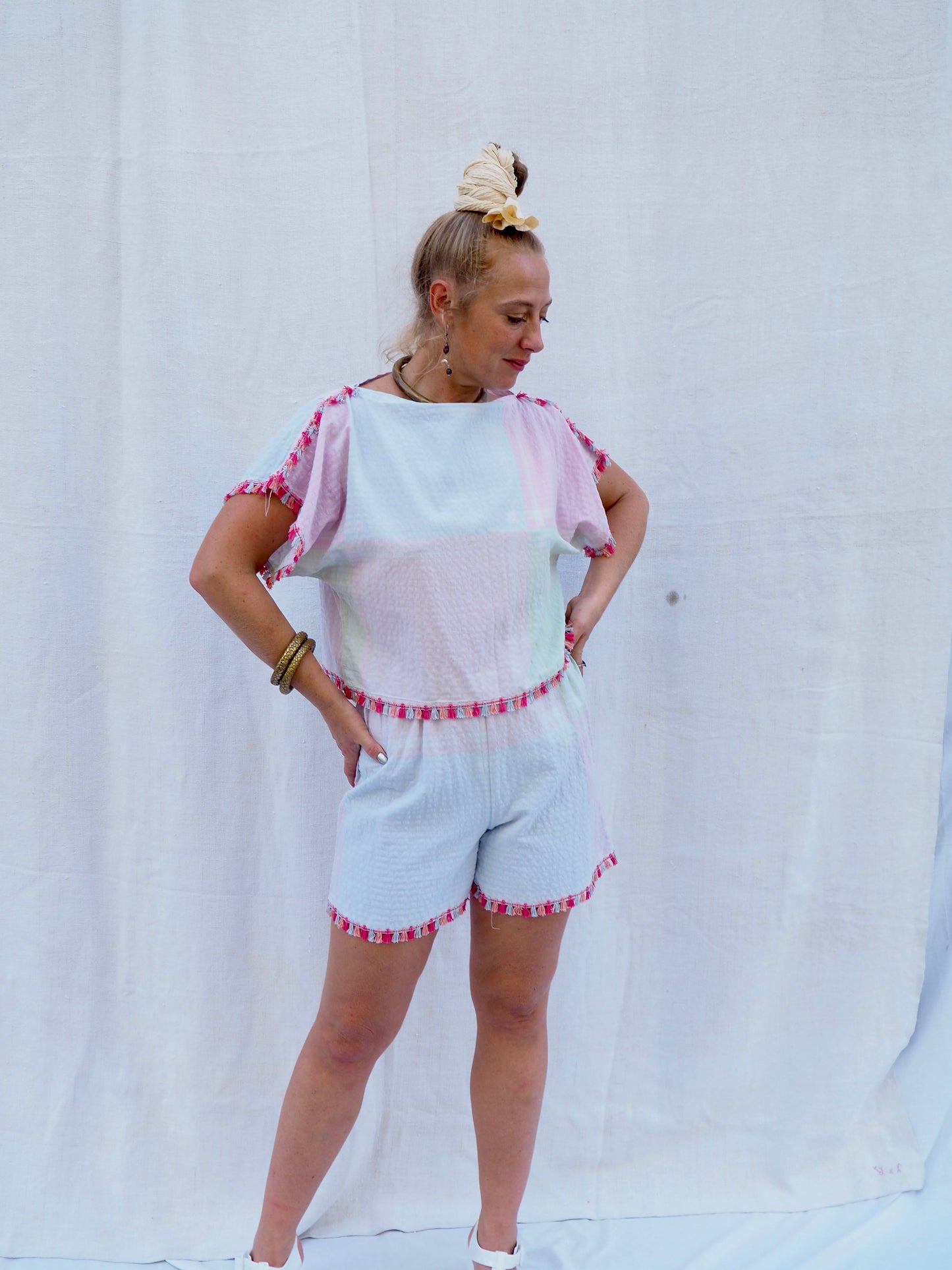 Up-cycled Vintage Cotton Two-Piece Set with Pom-Pom Trim – Handmade by Vagabond Ibiza