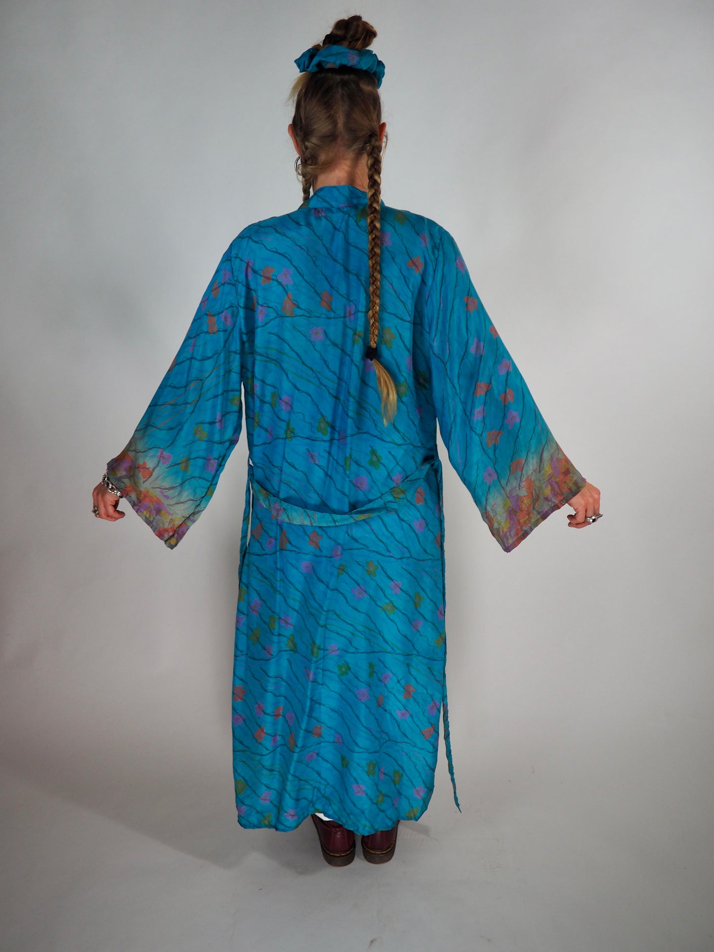 The Kardash Long Kimono – Up-cycled Vintage Sari long Kimono Robe with Waist Tie + Matching Scrunchy & Storage Bag