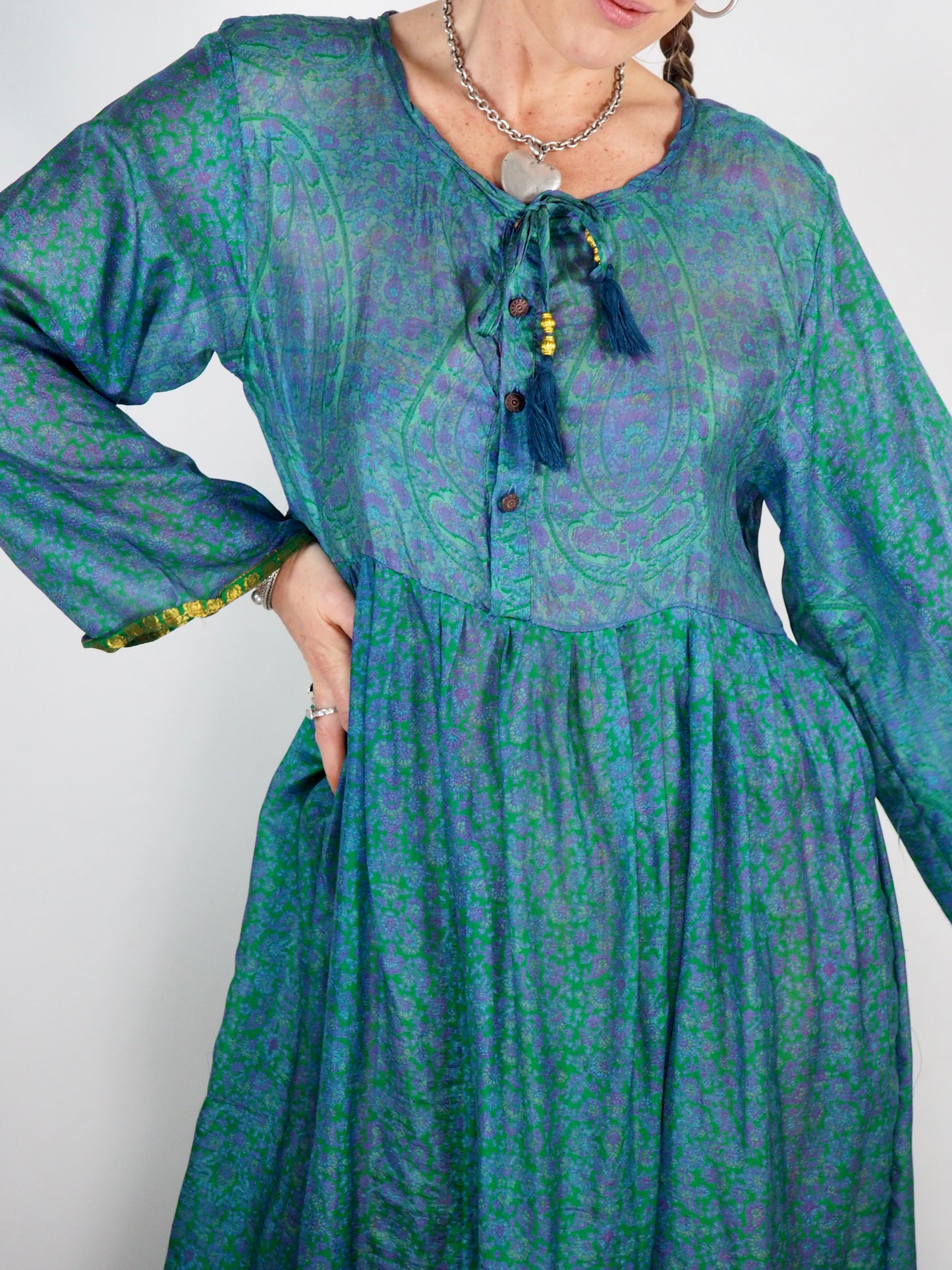 The Vadella Up-cycled Vintage Re-cycled Sari Maxi Dress – Sustainable Boho Dress with Tie Neck Detail + Matching Scrunchy & Bag