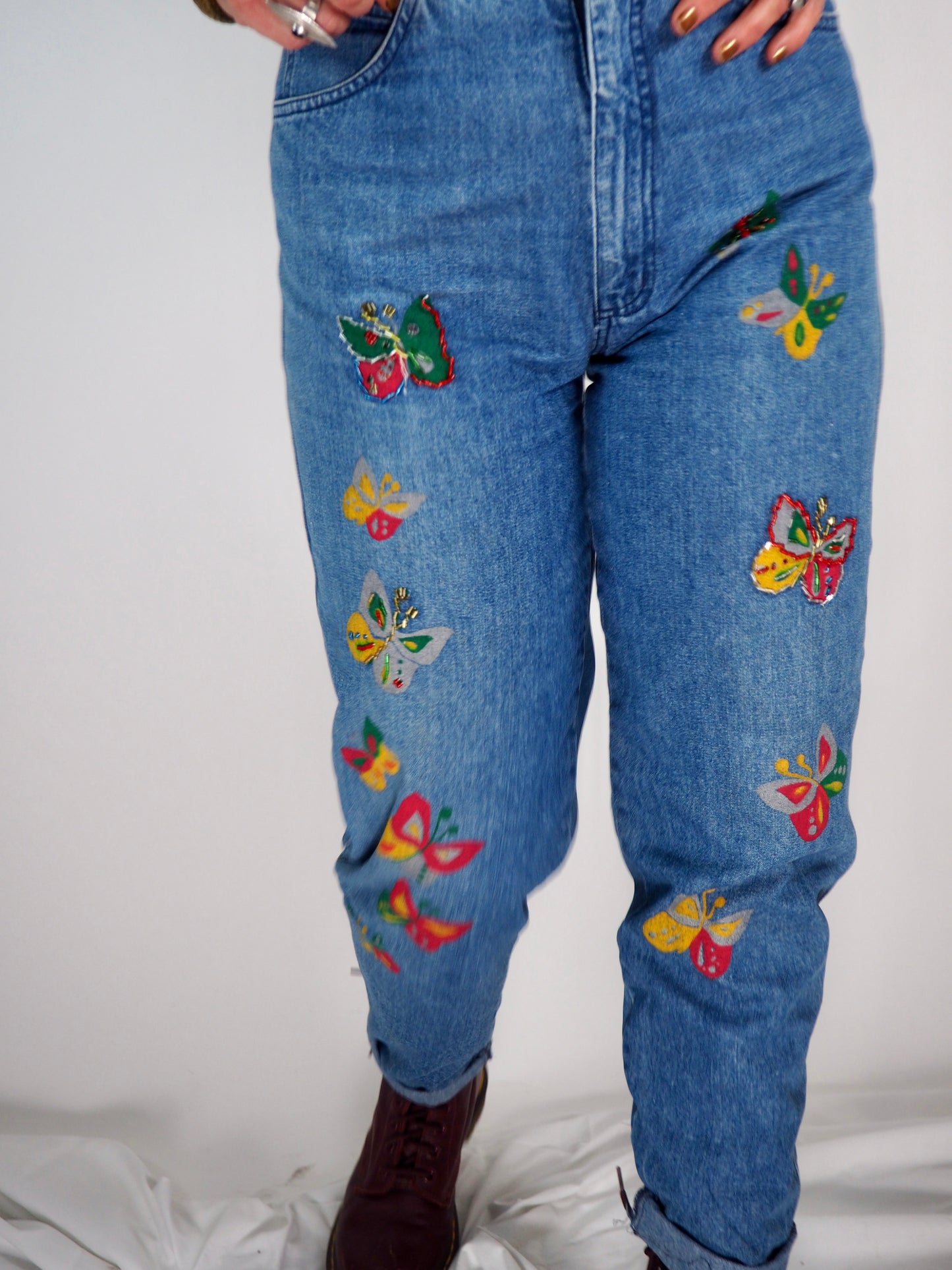 Vintage 1980s Hand-Painted and Beaded Denim Jeans