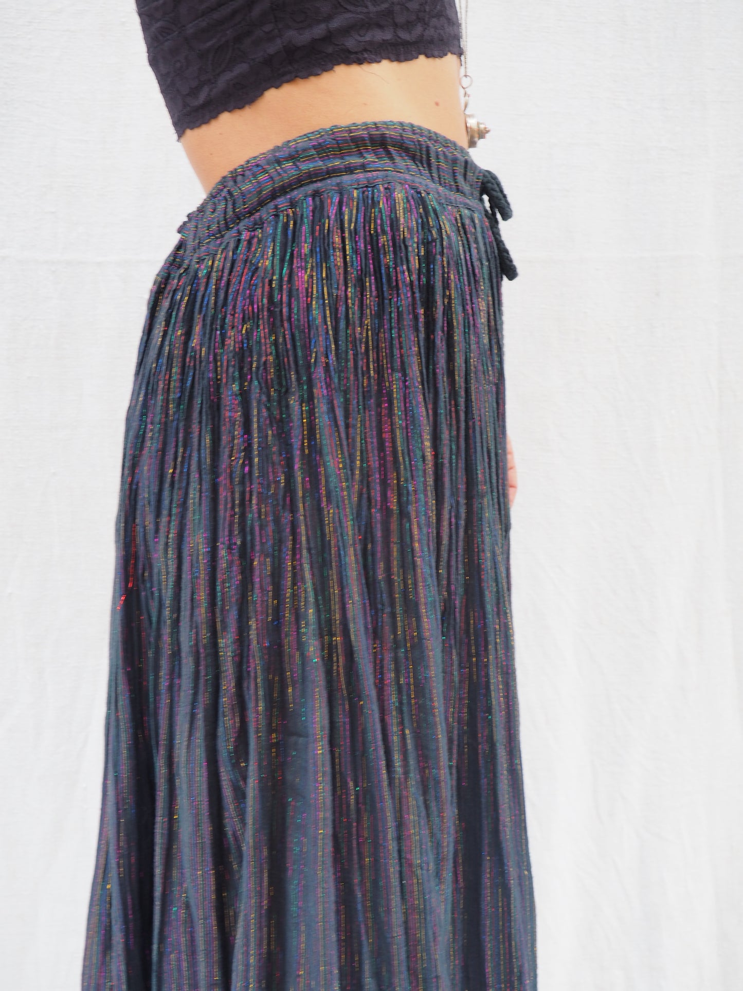 Vintage 1970s Indian Cotton Gauze Skirt with Rainbow Metallic Thread