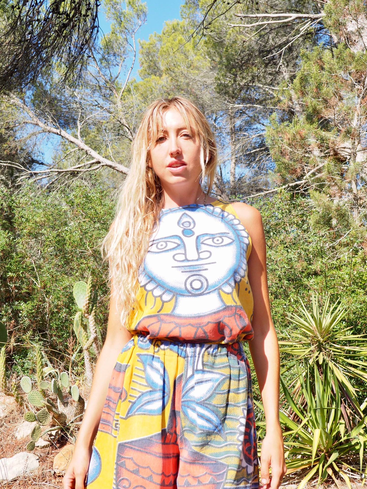 Up-cycled cotton funky bright colourful patchwork  printed vest t-shirt top by Vagabond Ibiza