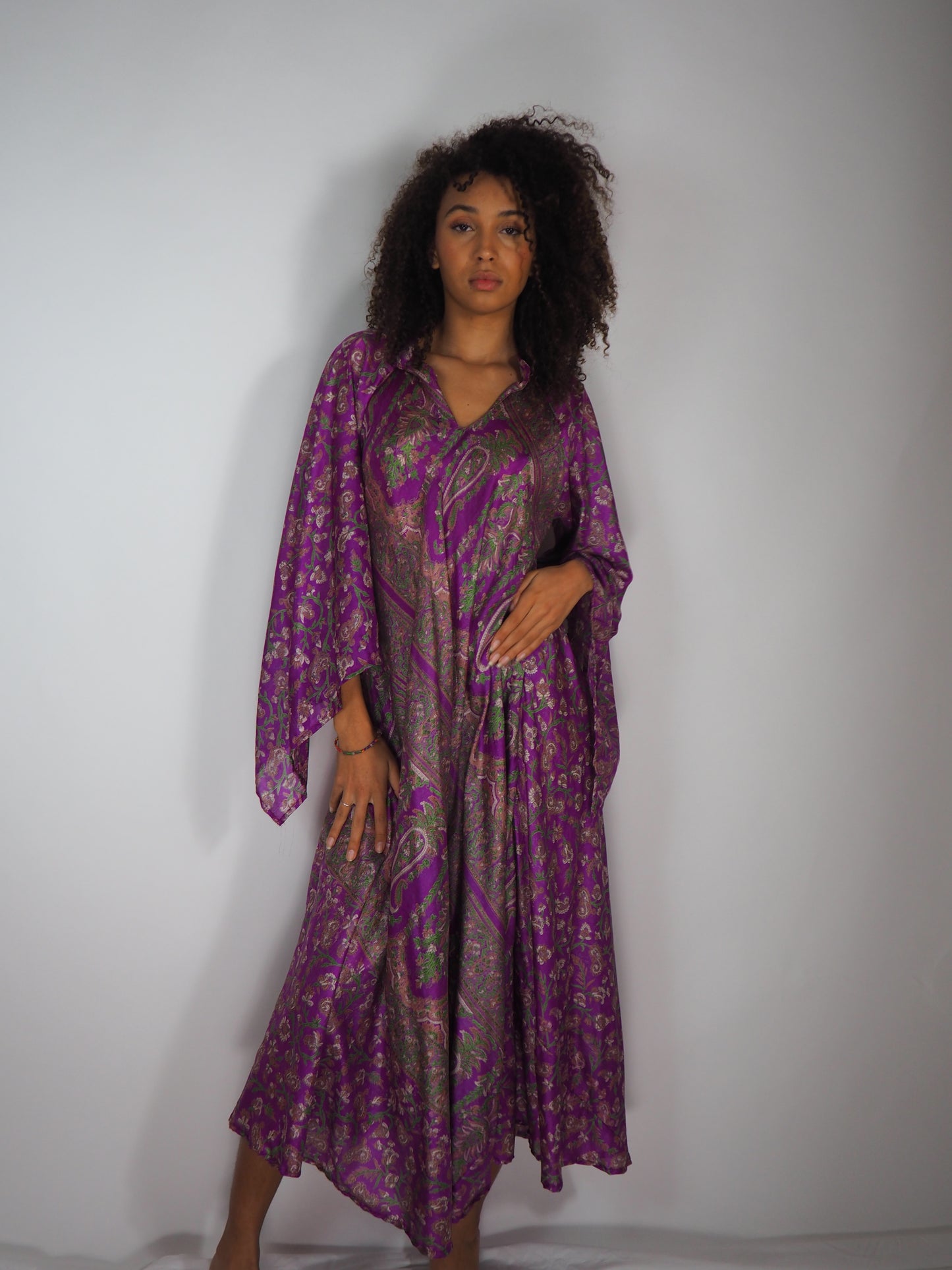 The Diamond Bias-Cut Maxi Dress – Up-cycled Vintage Sari Sustainable Dress with angel Sleeves + Matching Scrunchy & Bag