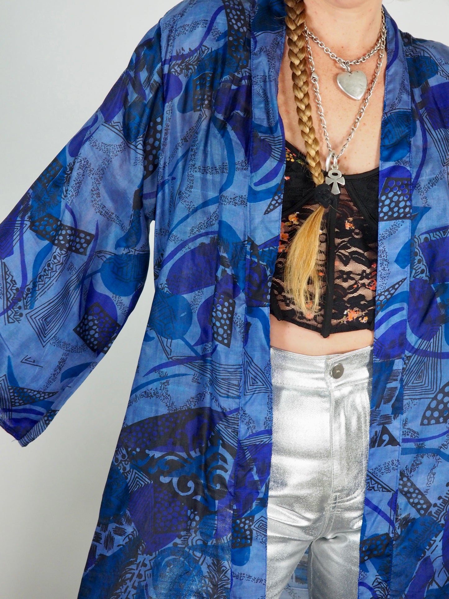 The Kardash Long Kimono – Up-cycled Vintage Sari long Kimono Robe with Waist Tie + Matching Scrunchy & Storage Bag