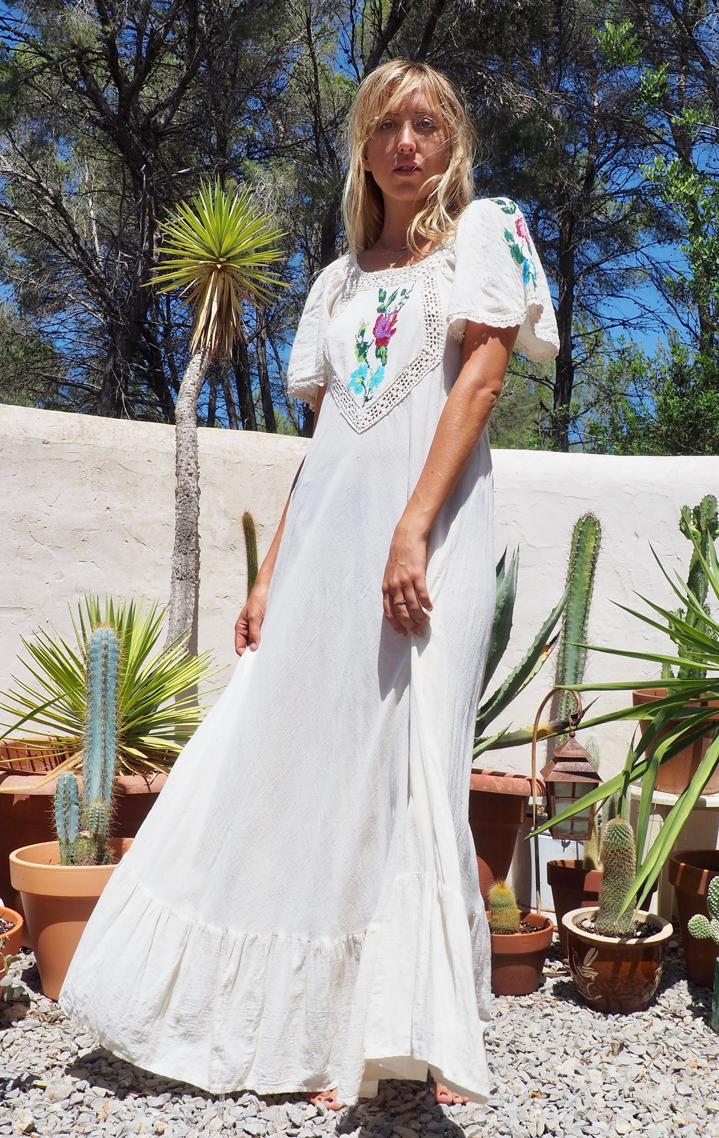 Original vintage 1970’s super fine cotton bohemian maxi dress with hand embroidered and cut out crochet details