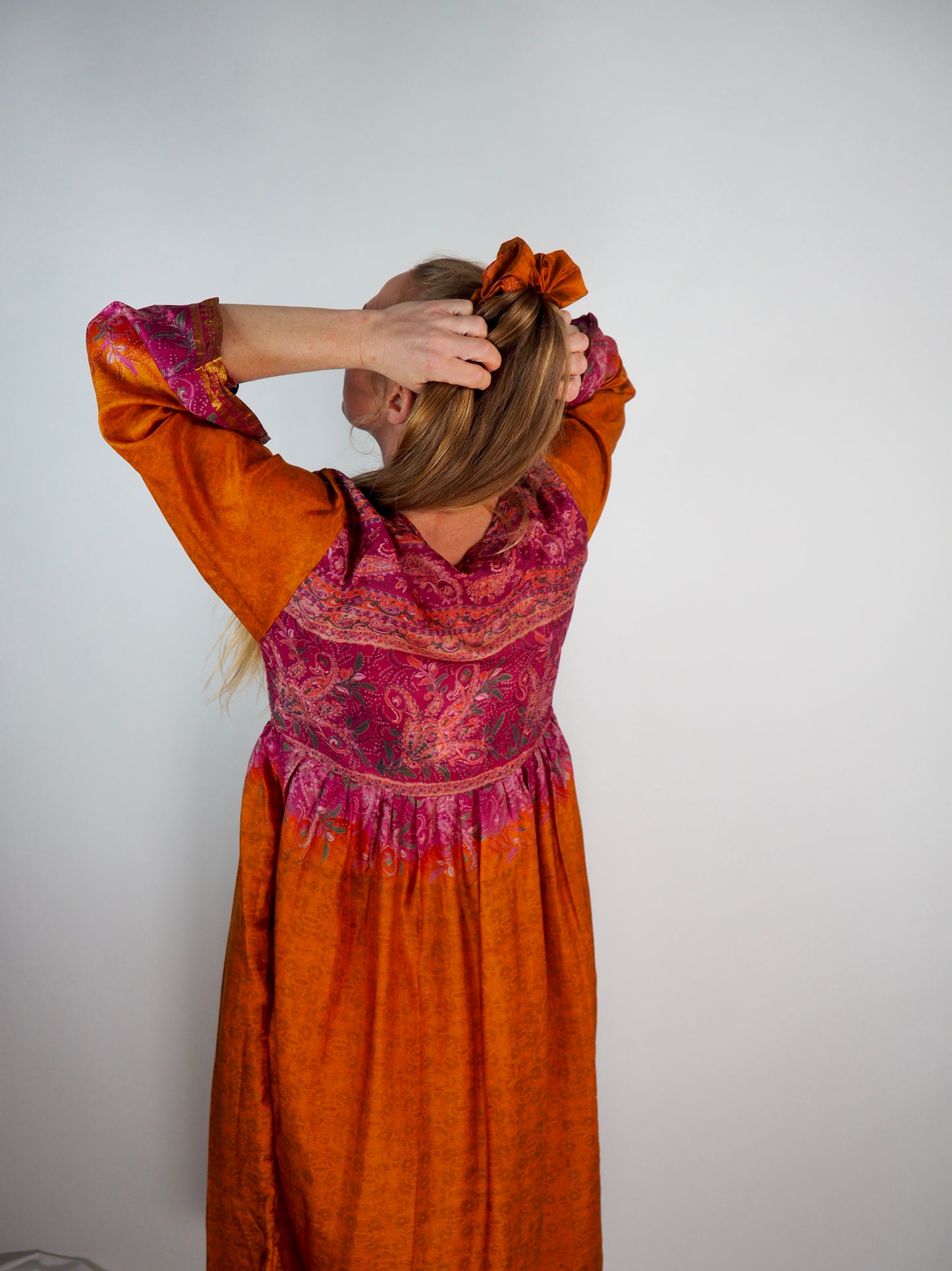 The Vadella Up-cycled Vintage Re-cycled Sari Maxi Dress – Sustainable Boho Dress with Tie Neck Detail + Matching Scrunchy & Bag