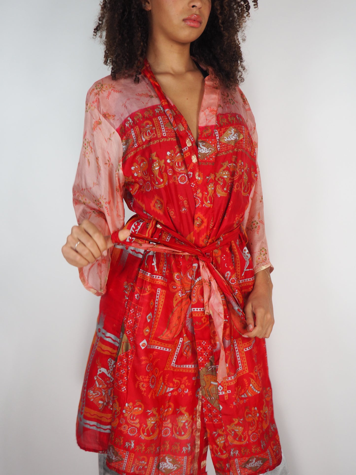 The Kardash Medium-Length Kimono – Up-cycled Vintage Sari Sustainable Kimono Jacket with Waist Tie + Matching Scrunchy & Storage Bag