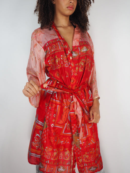 The Kardash Medium-Length Kimono – Up-cycled Vintage Sari Sustainable Kimono Jacket with Waist Tie + Matching Scrunchy & Storage Bag