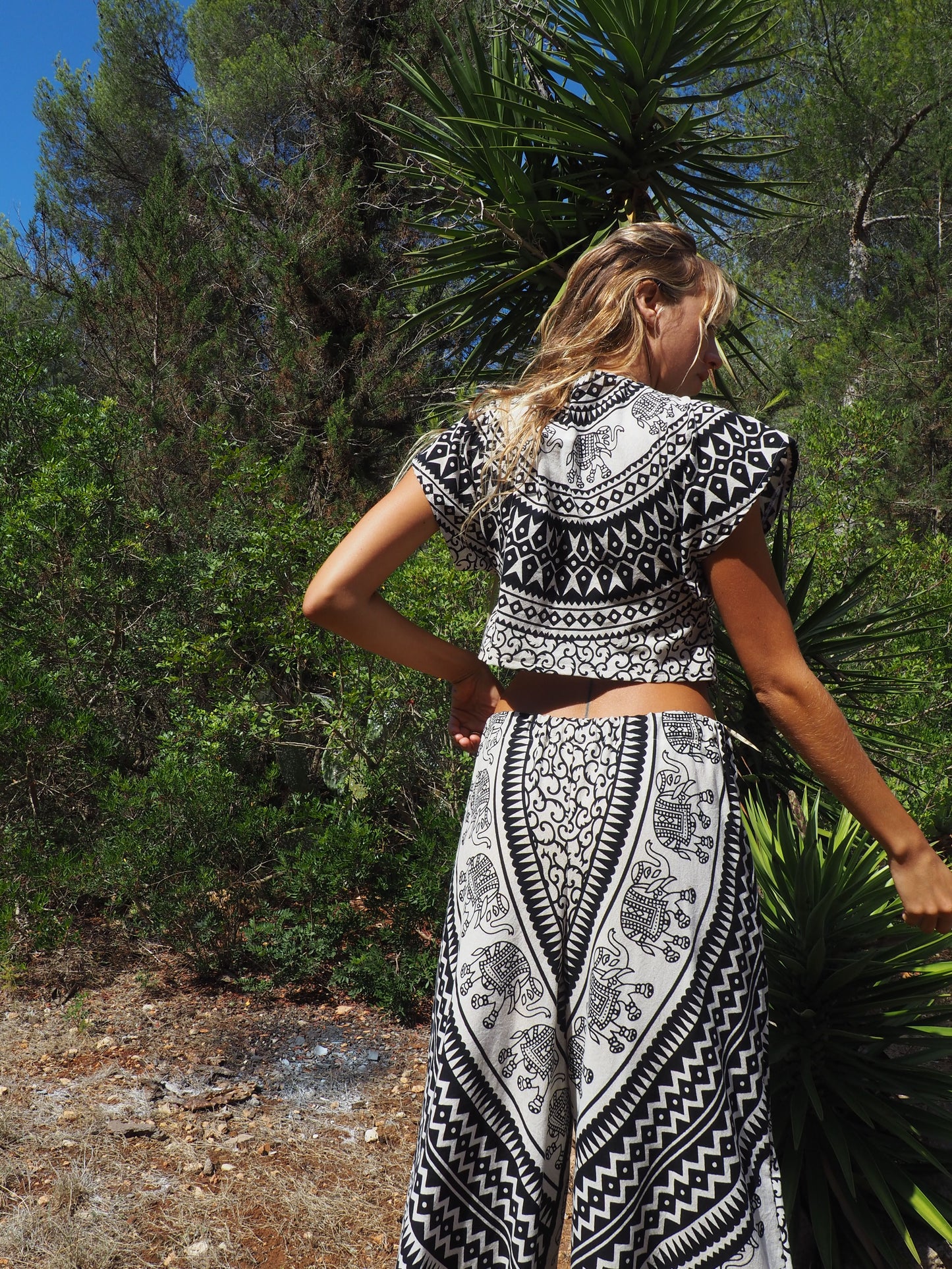 Up-cycled cotton textiles crop top with black and cream printed design by Vagabond Ibiza