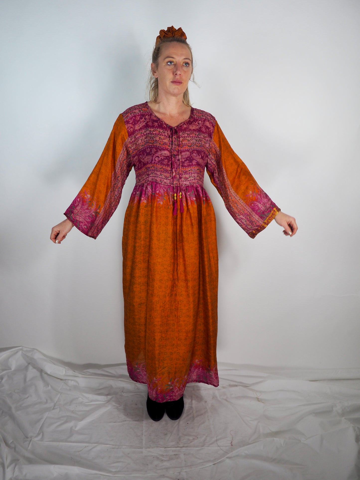 The Vadella Up-cycled Vintage Re-cycled Sari Maxi Dress – Sustainable Boho Dress with Tie Neck Detail + Matching Scrunchy & Bag