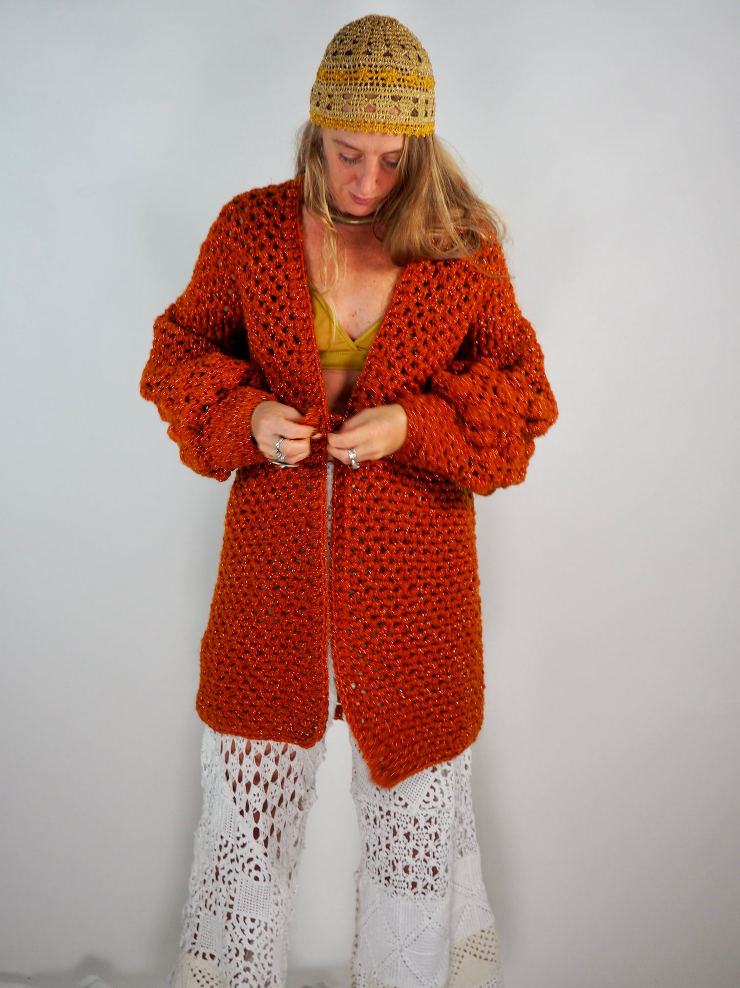 Introducing the Handmade Chunky Oversized Sleeve Sparkly Orange Cardigan