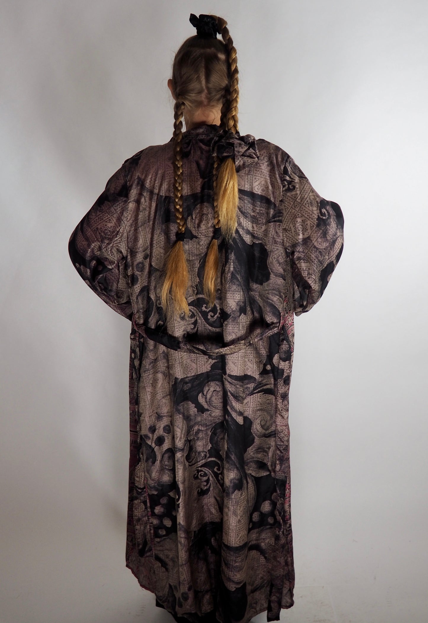 The Kardash Long Kimono – Up-cycled Vintage Sari long Kimono Robe with Waist Tie + Matching Scrunchy & Storage Bag