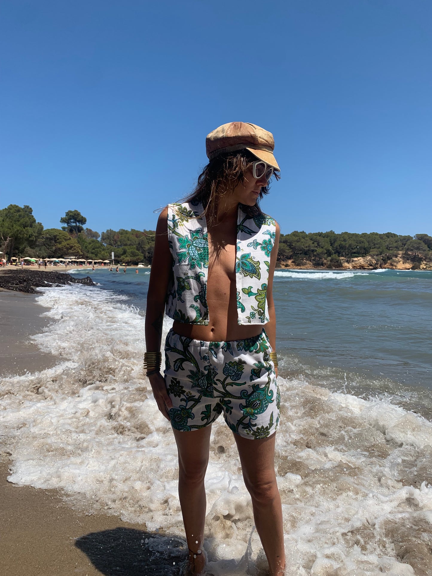 Vintage green and white floral up-cycled 2 piece set shorts and waistcoat by Vagabond Ibiza