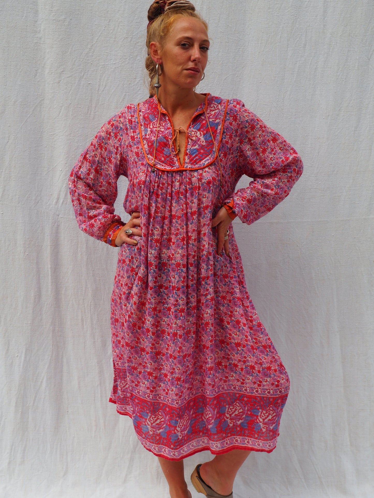 Vintage Original 1970’s rare Indian fine cotton block printed floral dress in pink