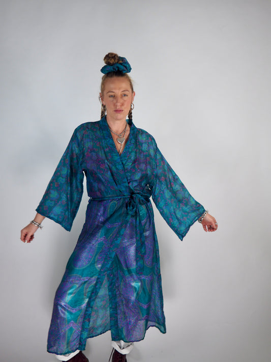 The Kardash Long Kimono – Up-cycled Vintage Sari long Kimono Robe with Waist Tie + Matching Scrunchy & Storage Bag