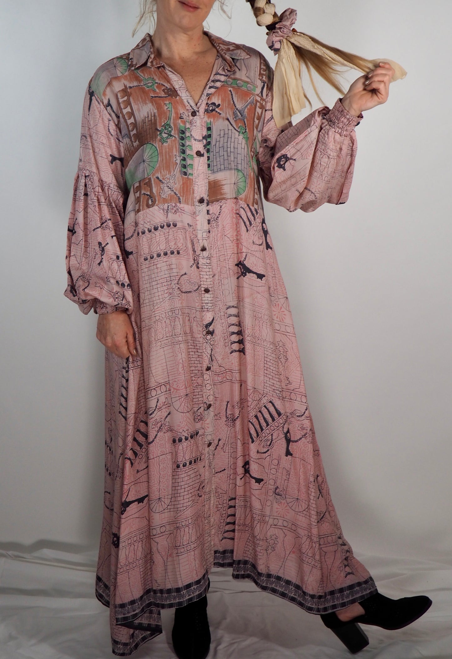 The Lenya Up-cycled Vintage Sari Dress – Sustainable Boho Dress with Oversized Sleeves Matching Scrunchy & Storage Bag