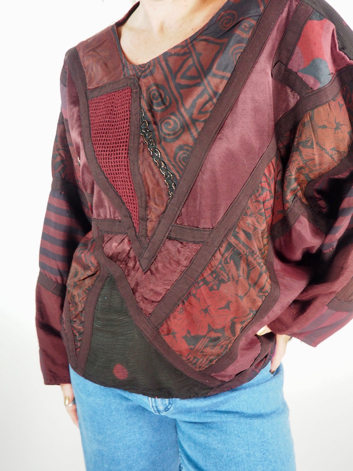 Vintage 1980s Quilted Patchwork Jumper – Deep Red