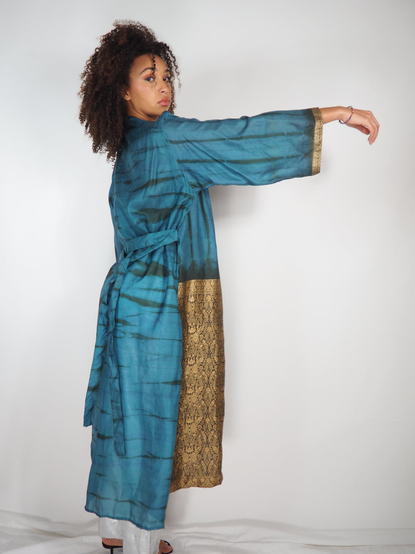 The Kardash Long Kimono – Up-cycled Vintage Sari long Kimono Robe with Waist Tie + Matching Scrunchy & Storage Bag