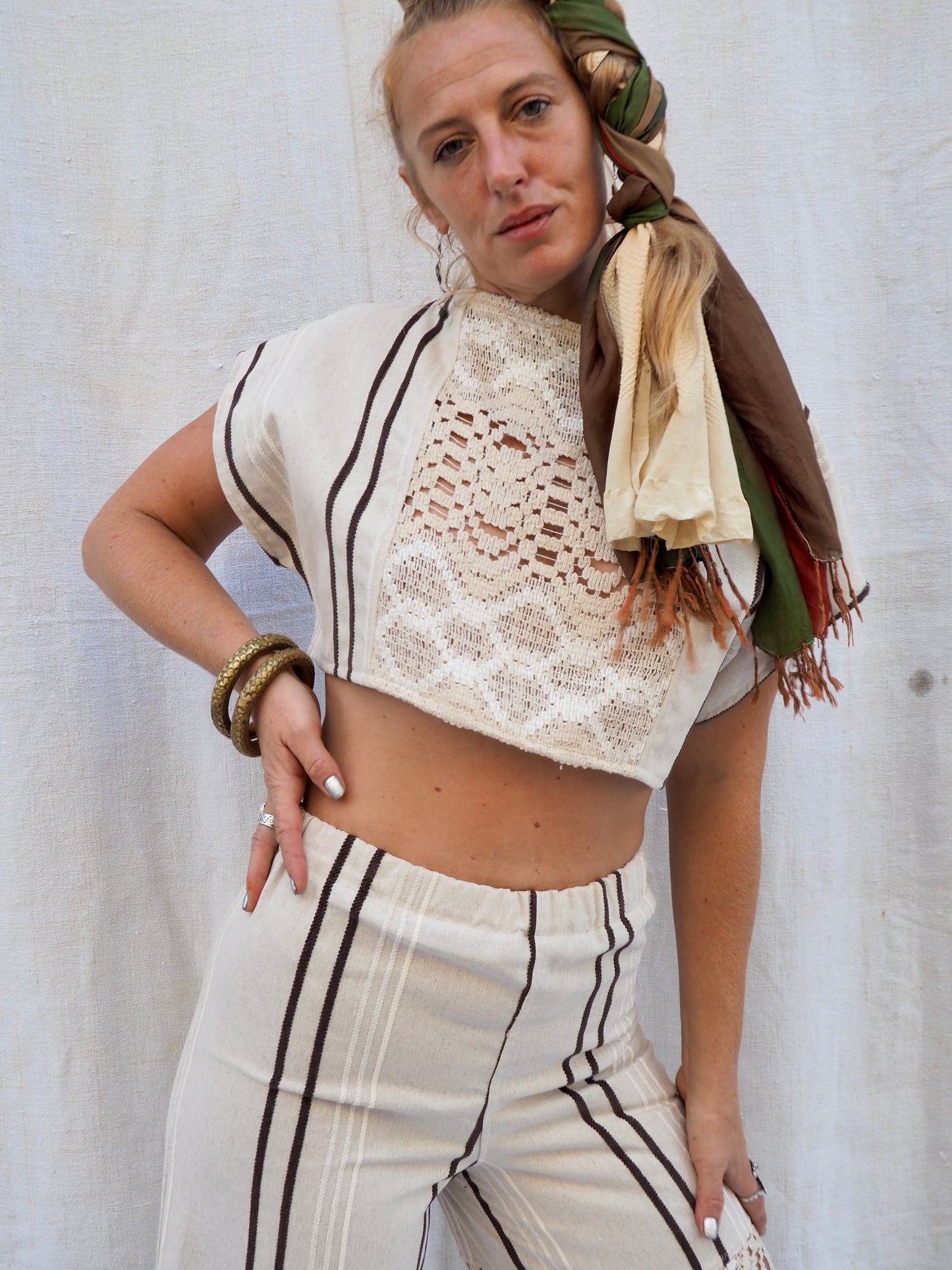 Up-cycled Vintage Linen Cropped T-Shirt with Lace Paneling & Capped Sleeves – Handmade by Vagabond Ibiza