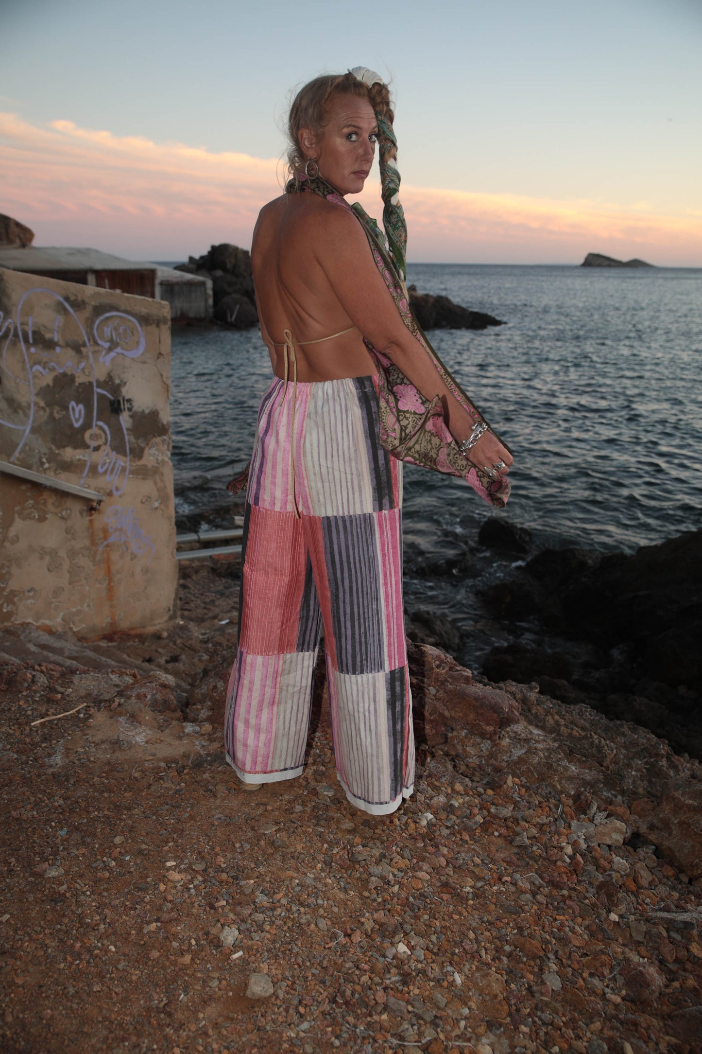 Up-cycled vintage cotton wide leg pants made by Vagabond Ibiza with pink painted design