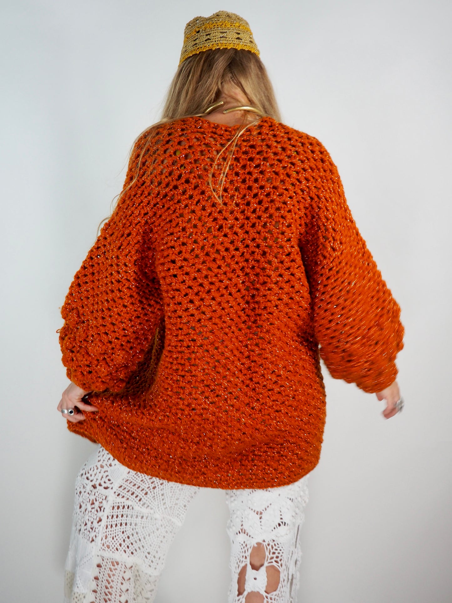 Introducing the Handmade Chunky Oversized Sleeve Sparkly Orange Cardigan