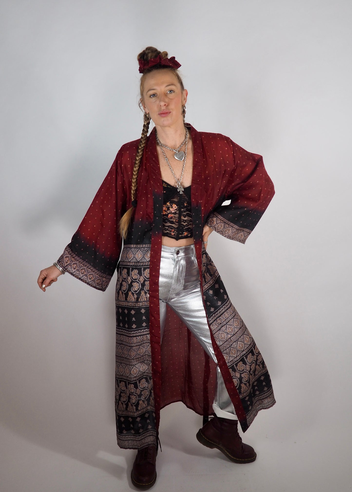 The Kardash Long Kimono – Up-cycled Vintage Sari long Kimono Robe with Waist Tie + Matching Scrunchy & Storage Bag