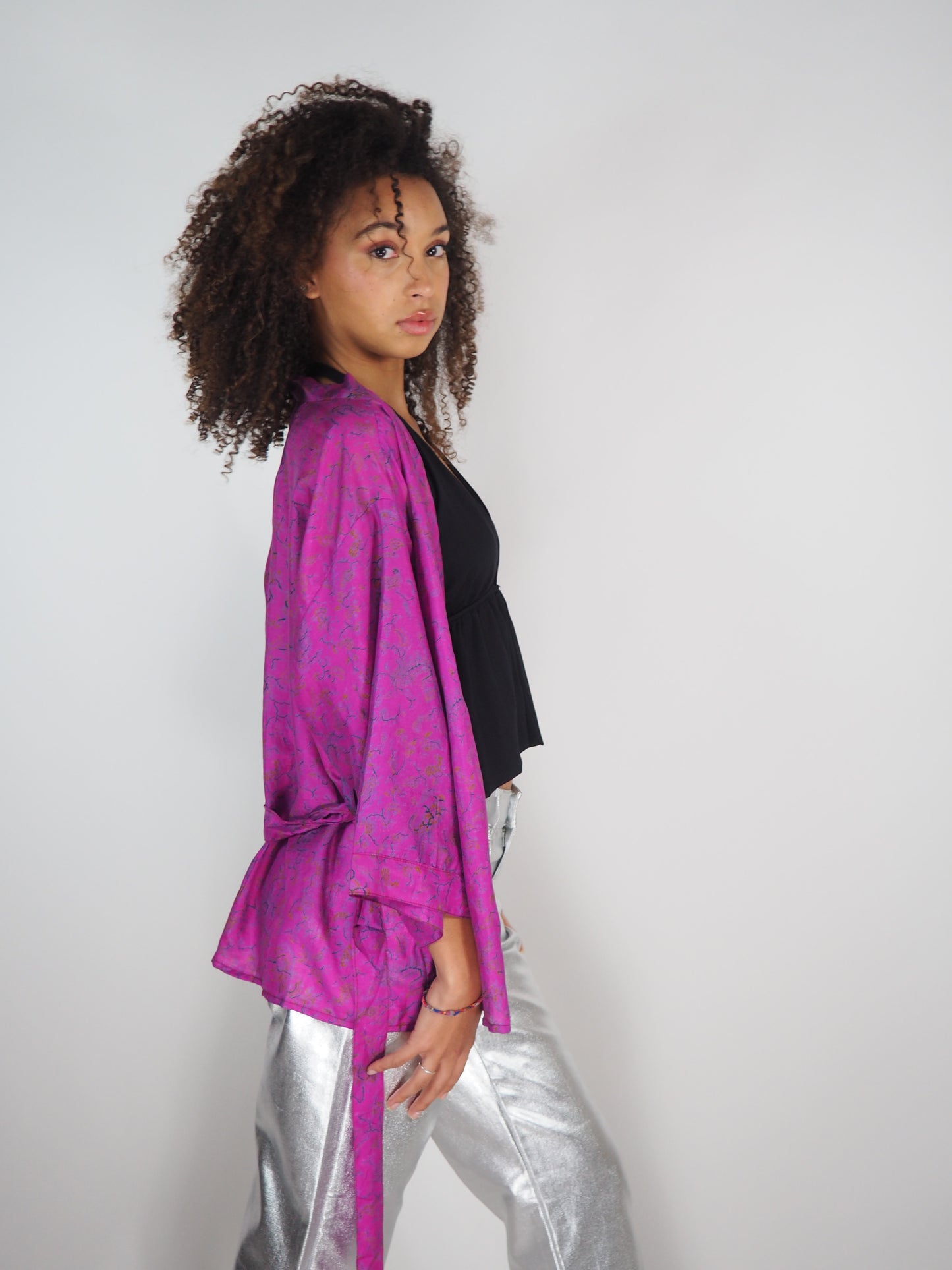 The Kardash Short Kimono – Vintage Re-cycled Sari Kimono Jacket with Waist Tie + Matching Scrunchy & Storage Bag