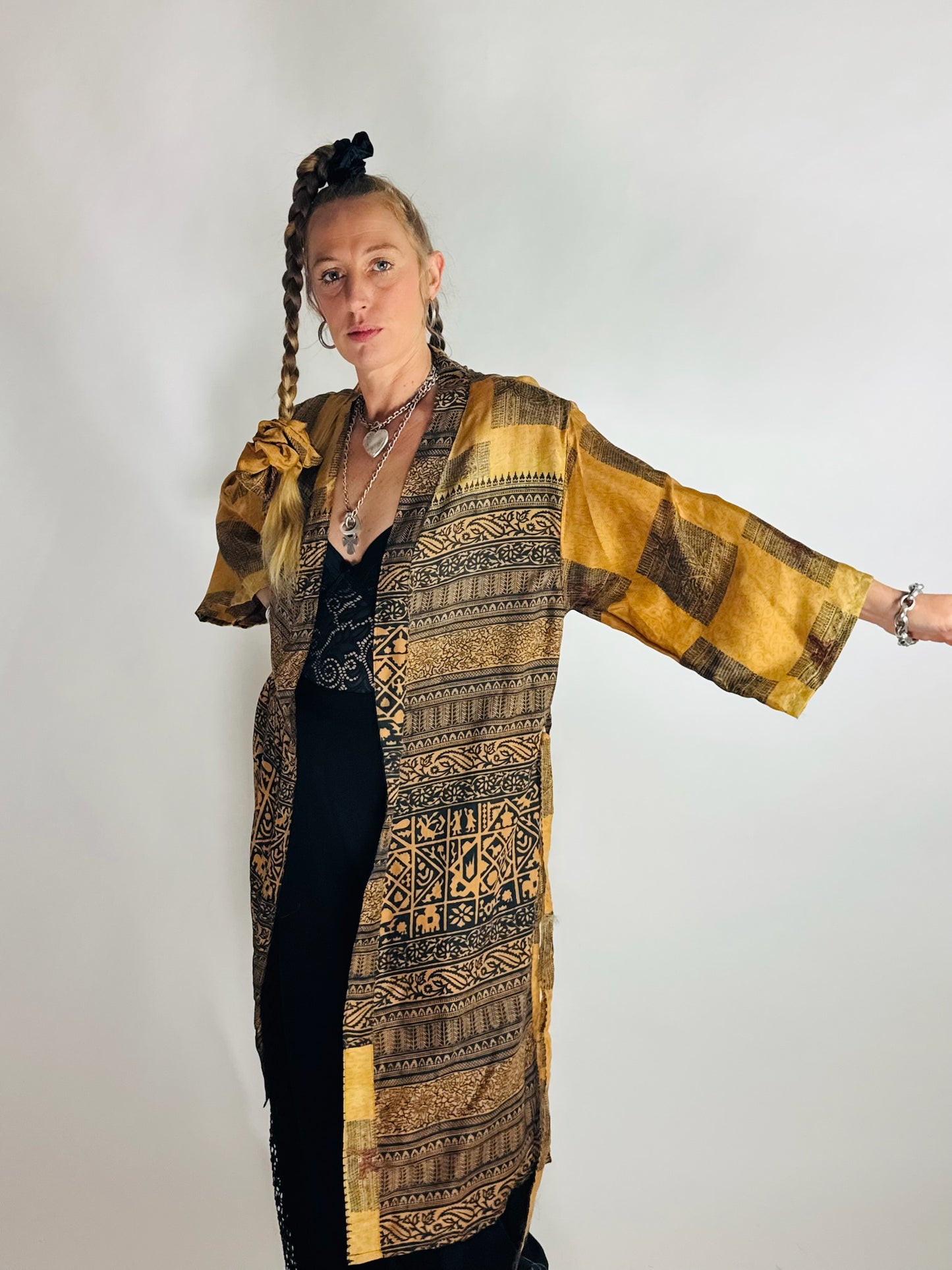 The Kardash Medium-Length Kimono – Up-cycled Vintage Sari Kimono Jacket with Waist Tie + Matching Scrunchy & Storage Bag