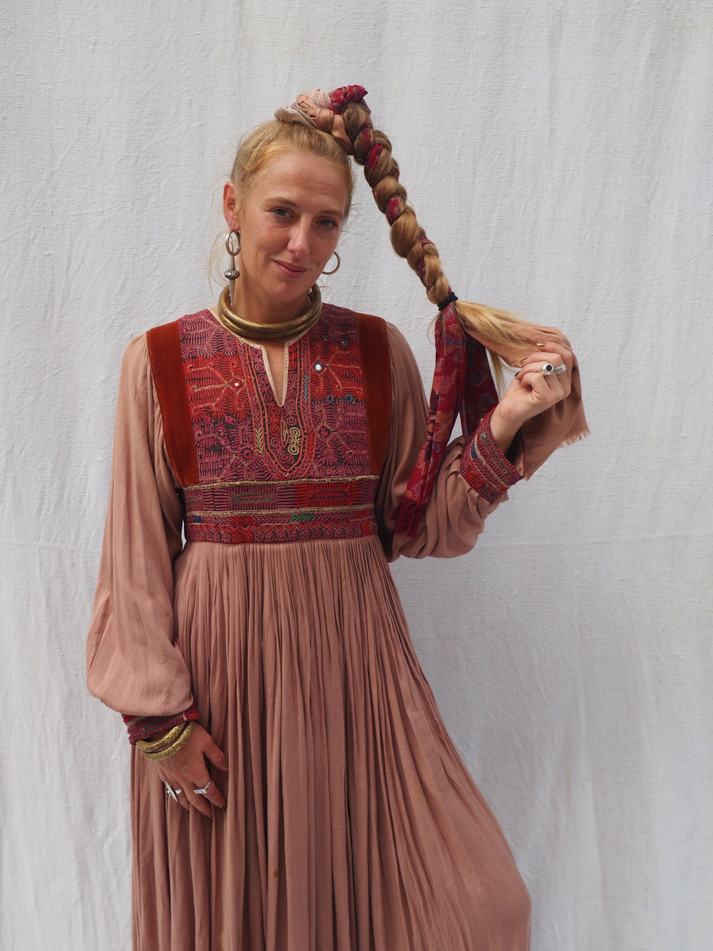 Vintage 1970s Afghan Dress with Hand Embroidery and Suede Panels