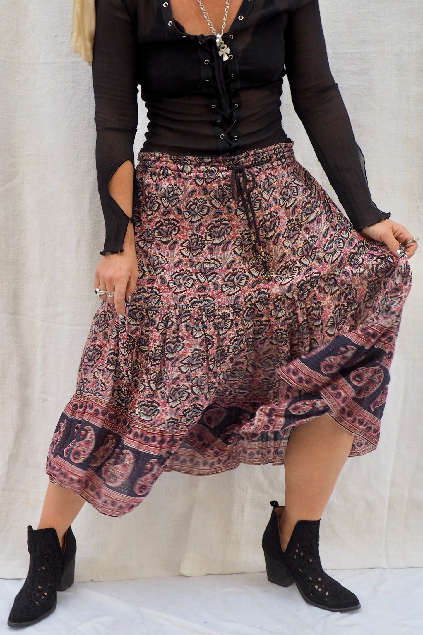 Vintage 1970s Indian Block Printed Cotton Gauze Skirt – Super Fine Cotton, Adjustable Free Size with Drawstring Bells