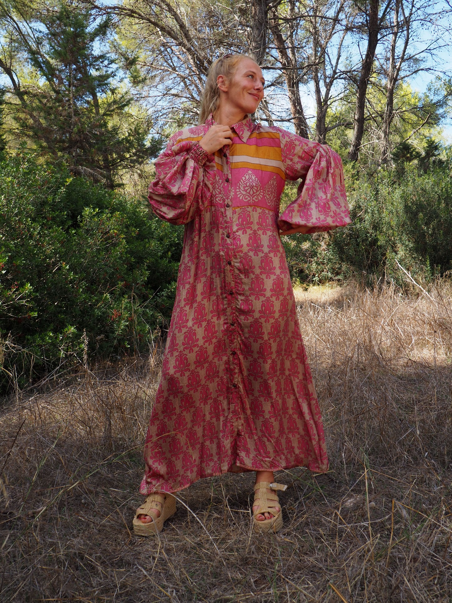 The Llenya dress Vintage Indian sari dress with oversized sleeves up-cycled by Vagabond Ibiza