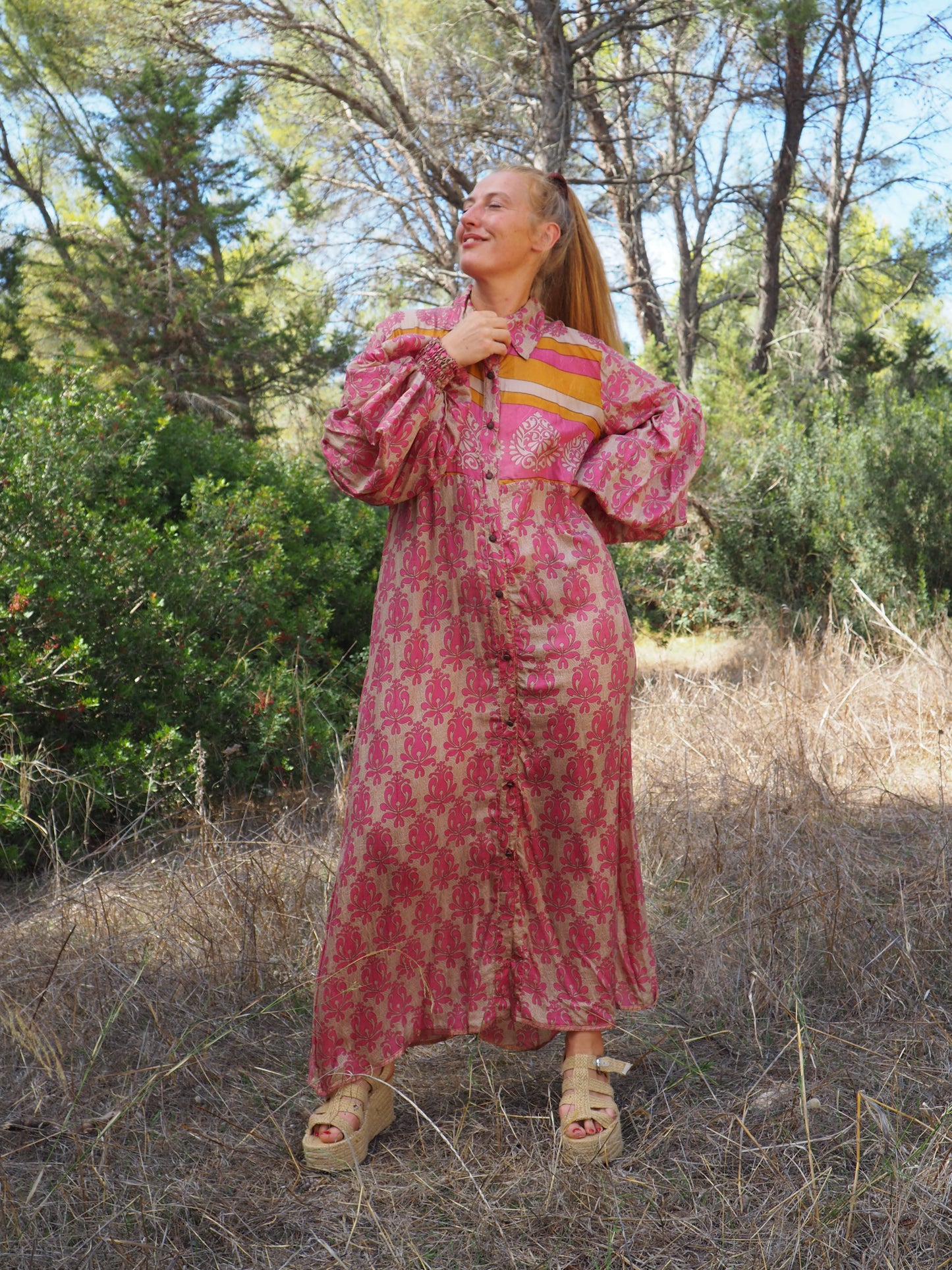 The Llenya dress Vintage Indian sari dress with oversized sleeves up-cycled by Vagabond Ibiza