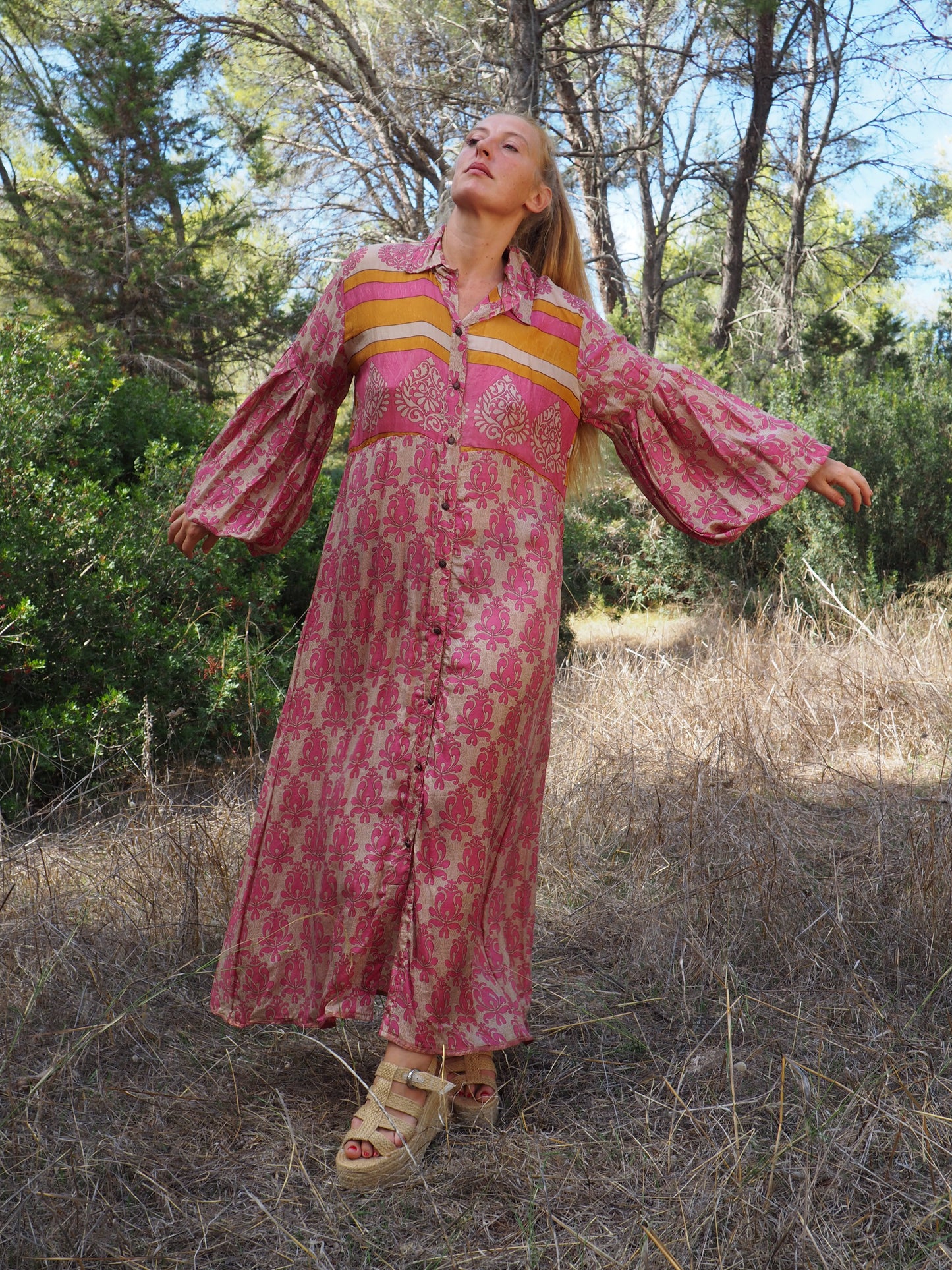 The Llenya dress Vintage Indian sari dress with oversized sleeves up-cycled by Vagabond Ibiza